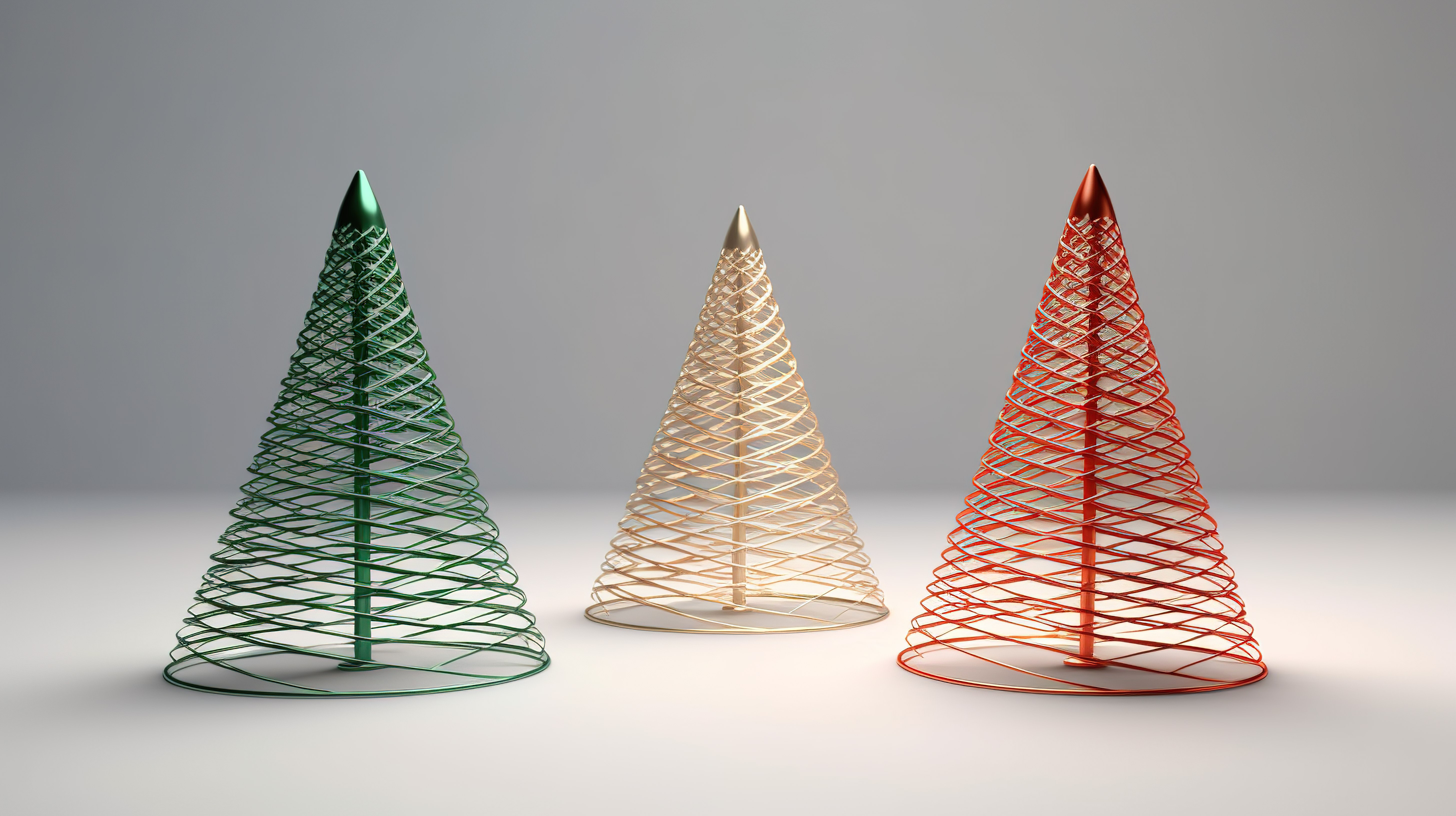 3D 渲染的圣诞树采用时尚的红米色和绿色金属线形状图片