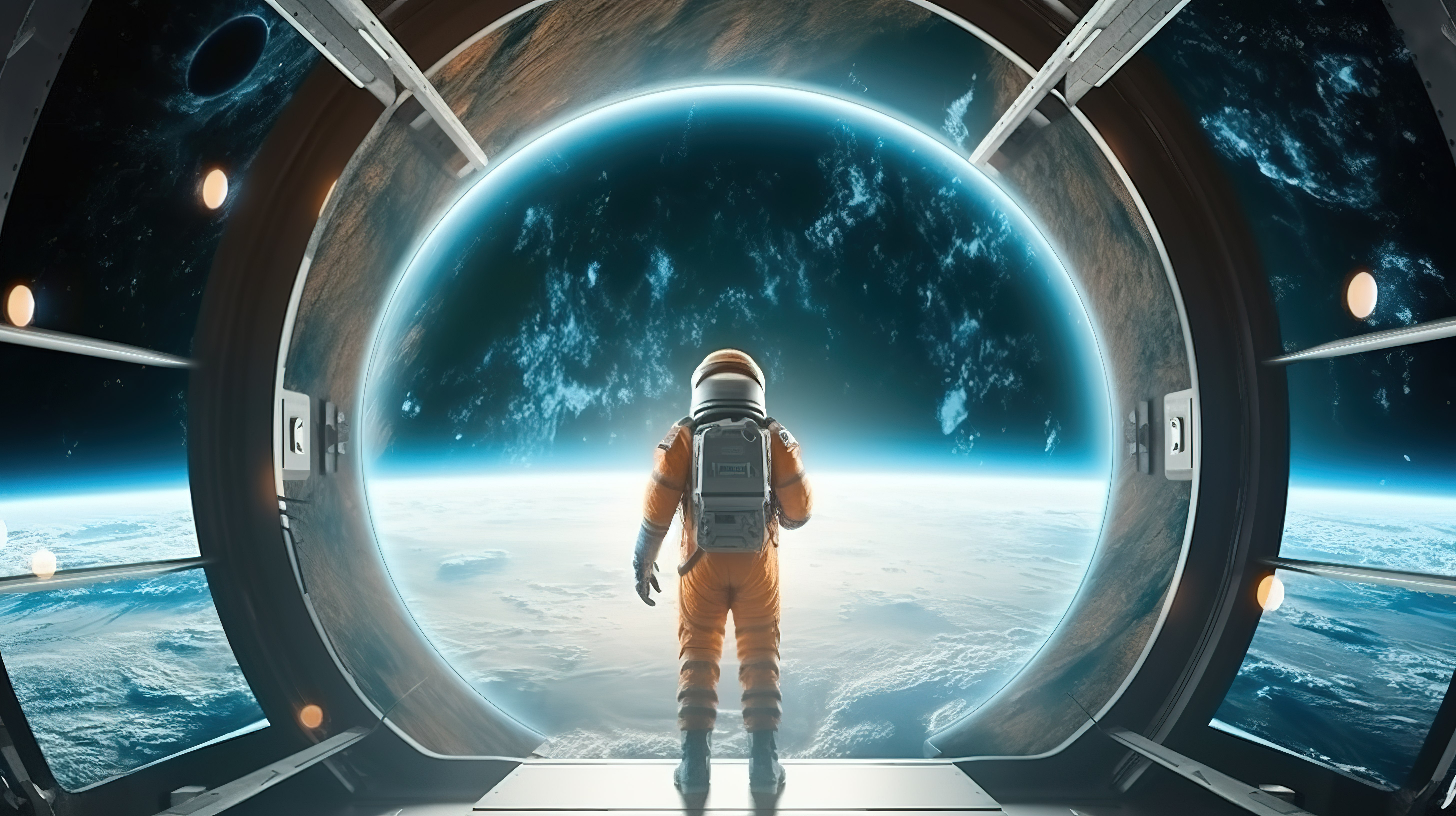 孤独的太空探险家在未来派走廊凝视地球 3D 渲染图片