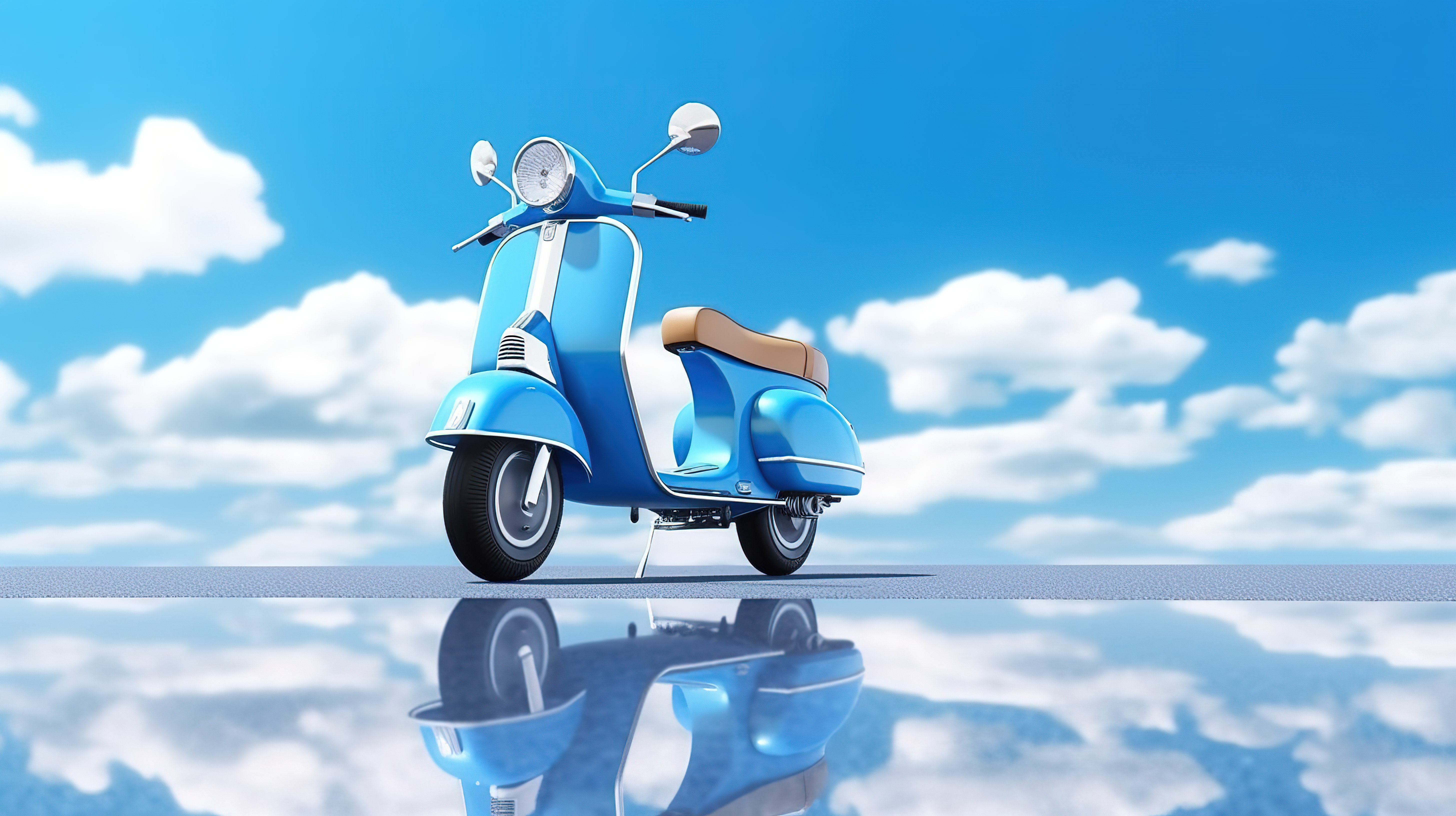 风景秀丽的蓝天背景上的电动或经典复古蓝色摩托车，配有沥青路 3D 渲染图片