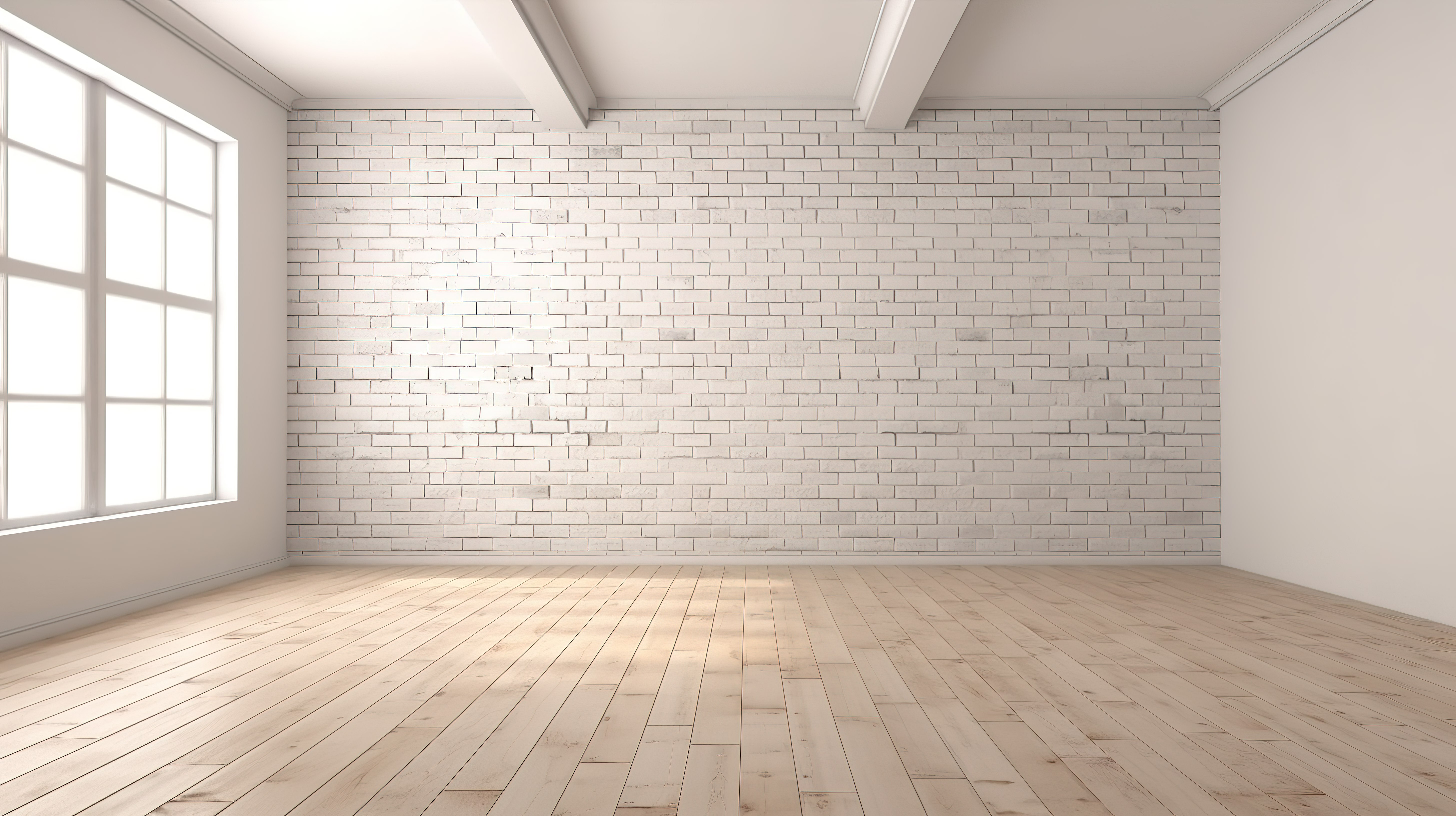 产品展示样机室透视，以 3D 渲染的白色砖墙和木地板为特色图片