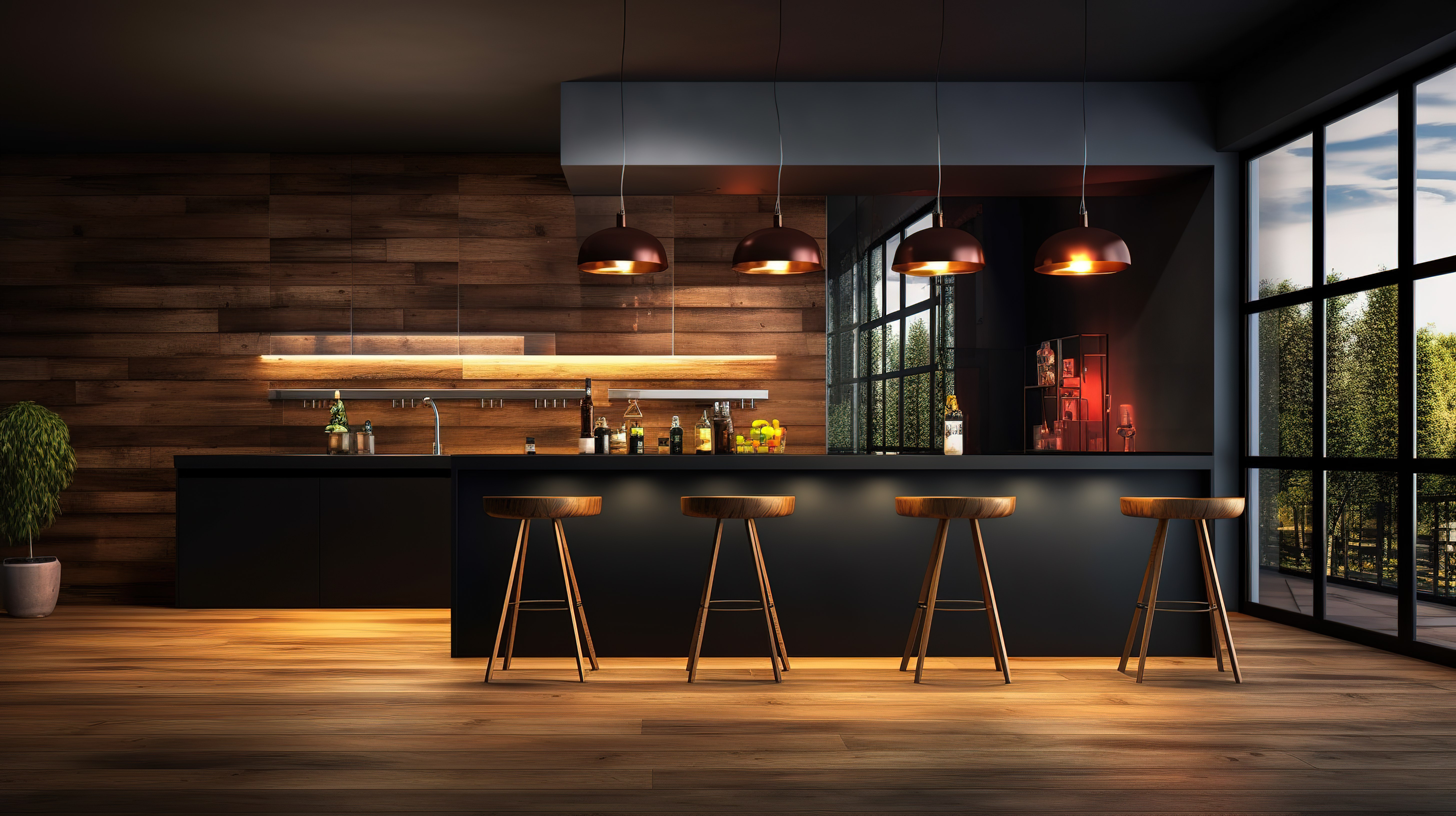 从侧面看工业风格厨房的 3D 渲染，配有木地板吧台和金属吸顶灯图片