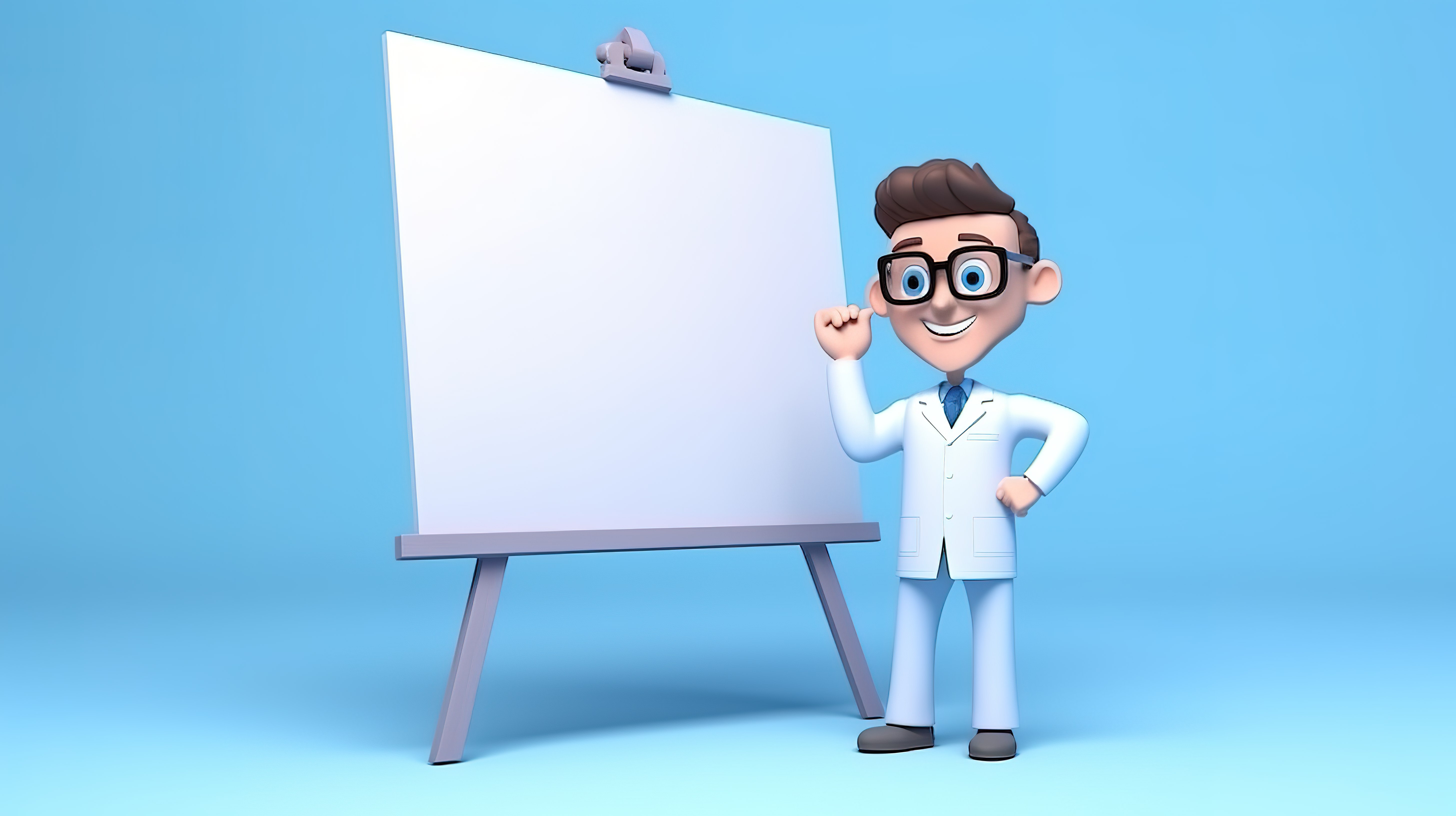 一位男医生站在演示板旁边演示 3D 视力测试的卡通风格插图图片
