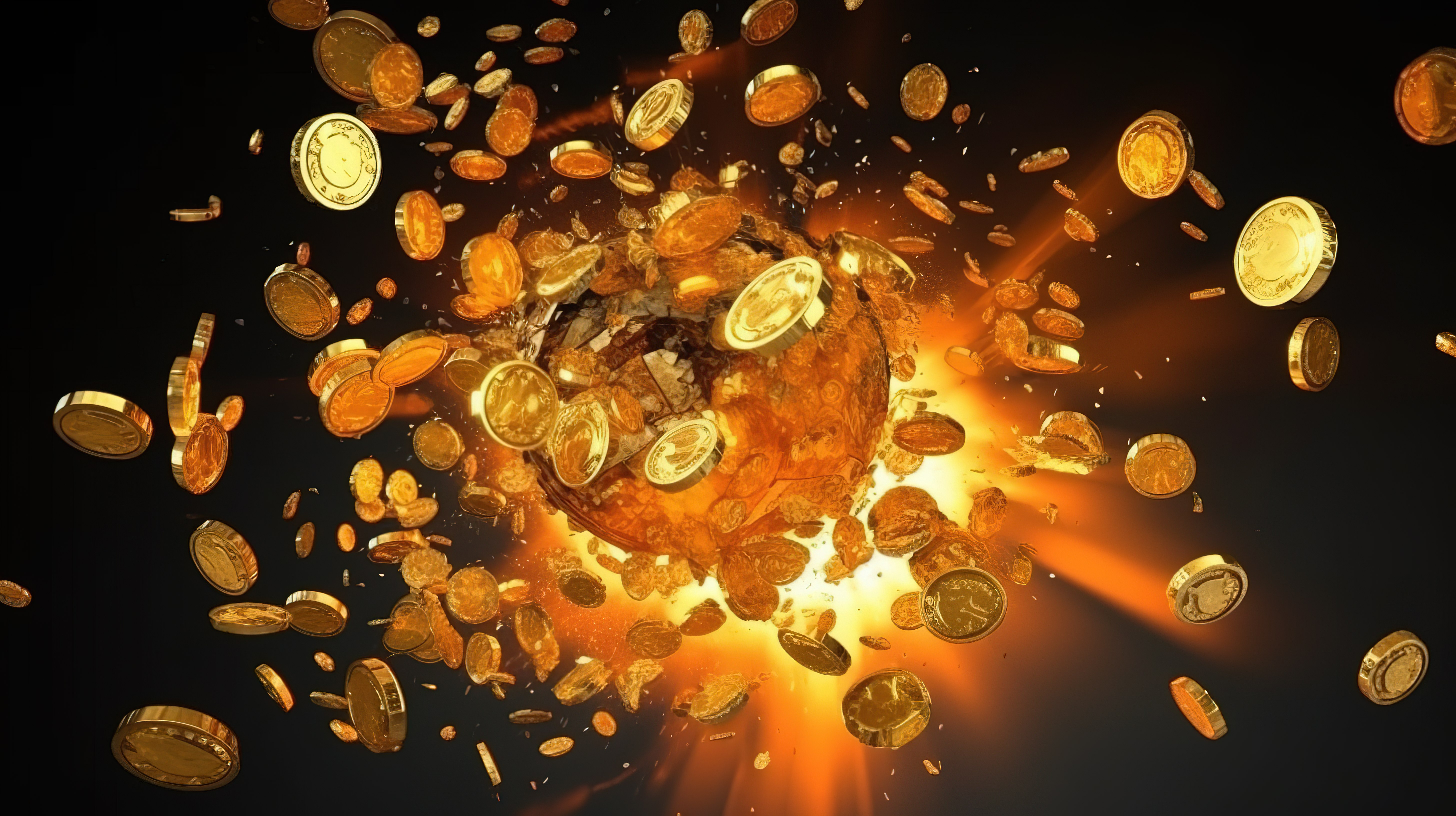 金币在 3D 渲染中爆发，象征着繁荣和胜利图片