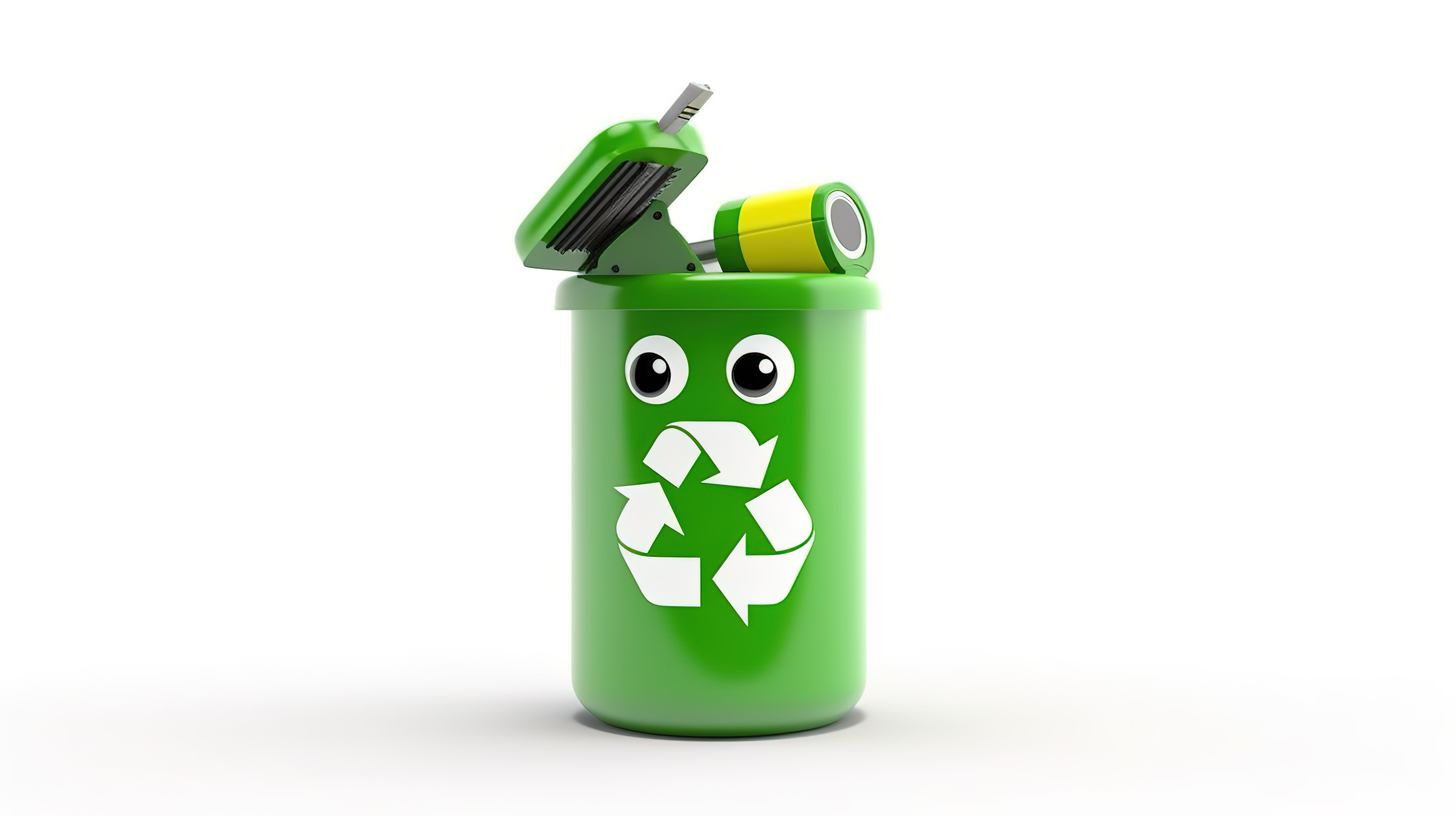 白色背景上带有回收标志和可充电电池的绿色垃圾桶吉祥物的 3D 渲染图片