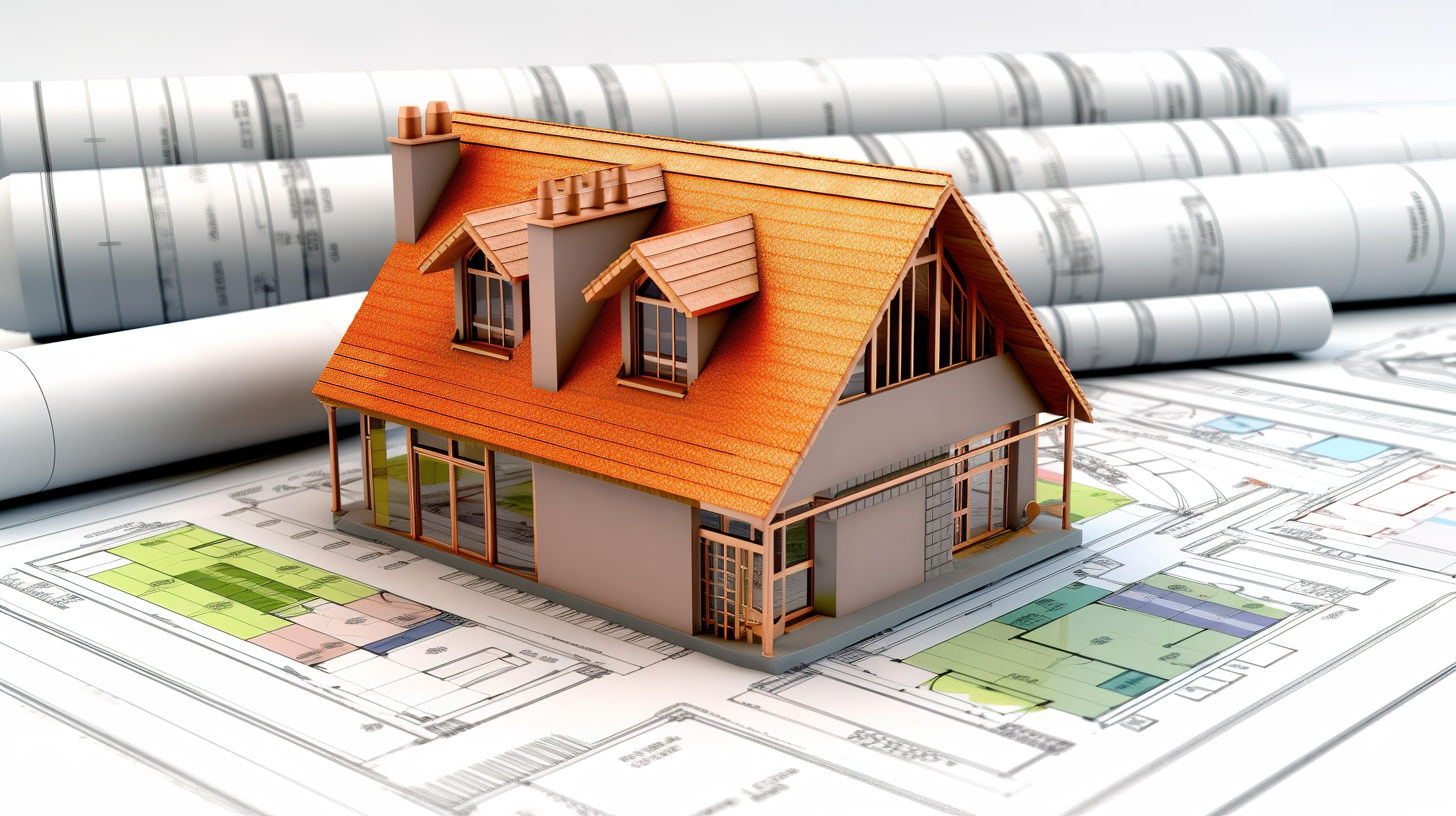 房屋以 3D 形式描绘，位于蓝图上方，并附有能源效率评级表图片
