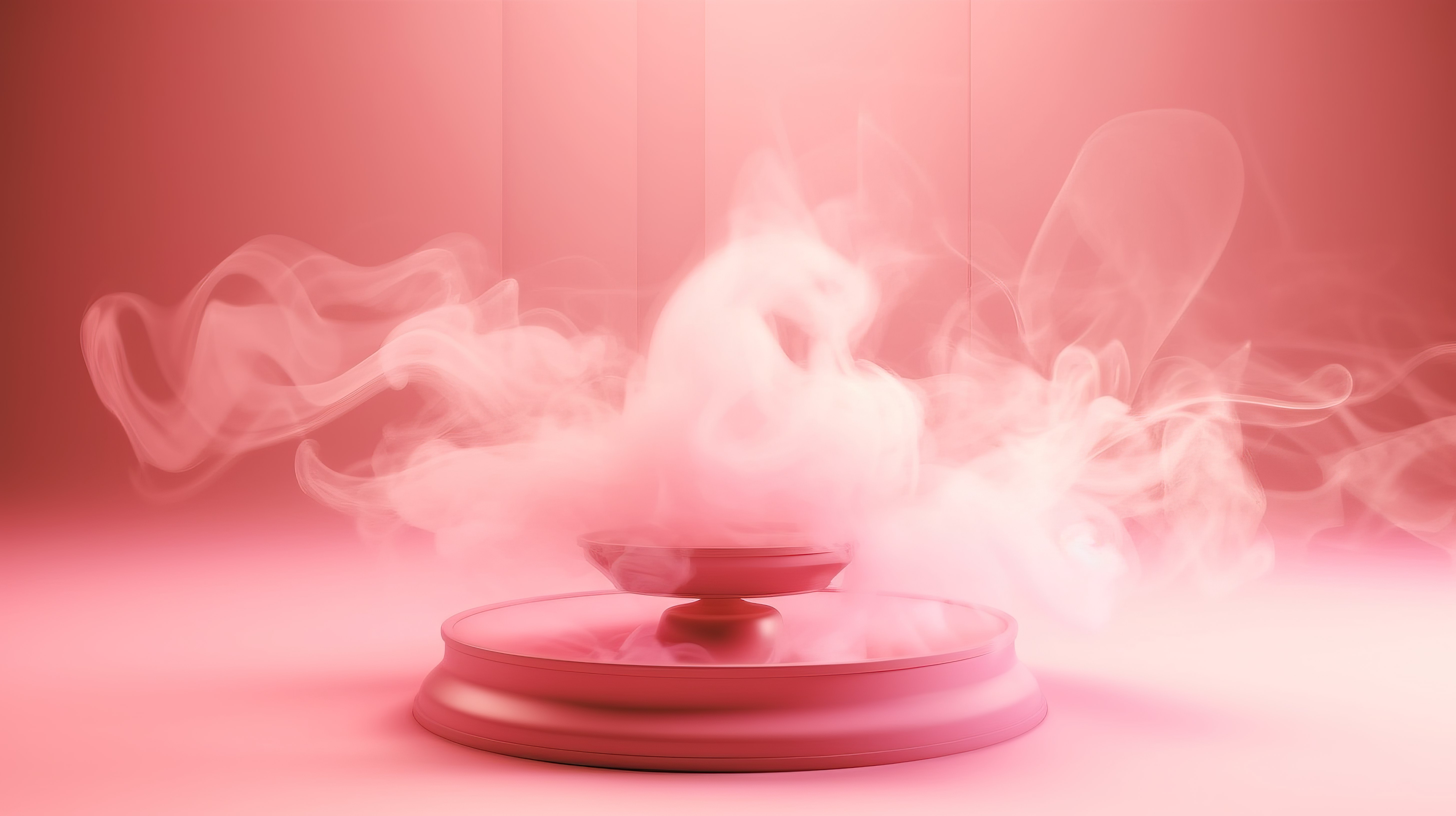 坦率的粉红色梦想 3D 渲染的抽象背景，带有复制空间和神秘的烟雾环绕着讲台图片