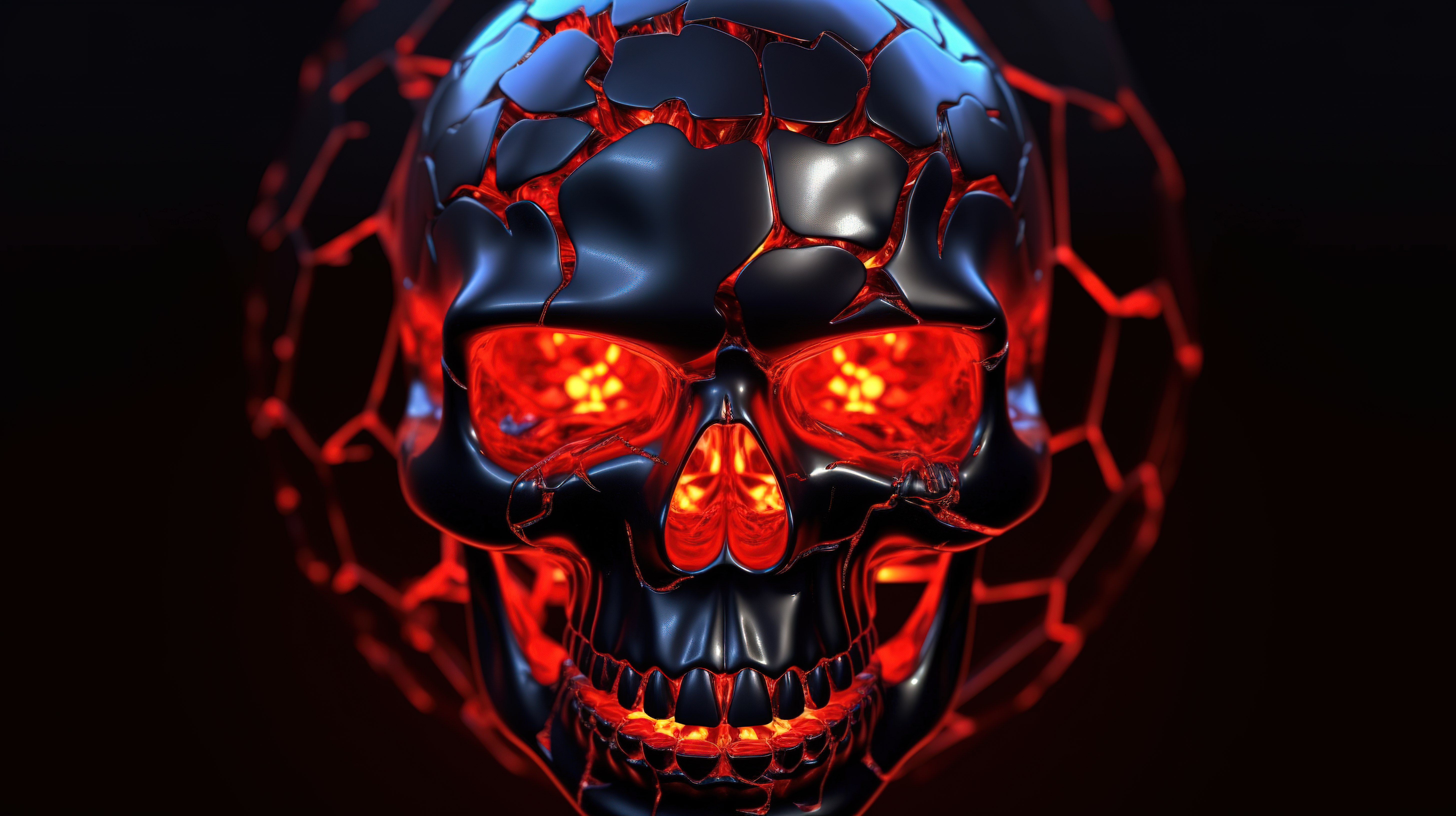 3D 渲染的头骨与火红的眼睛在纹理背景下图片