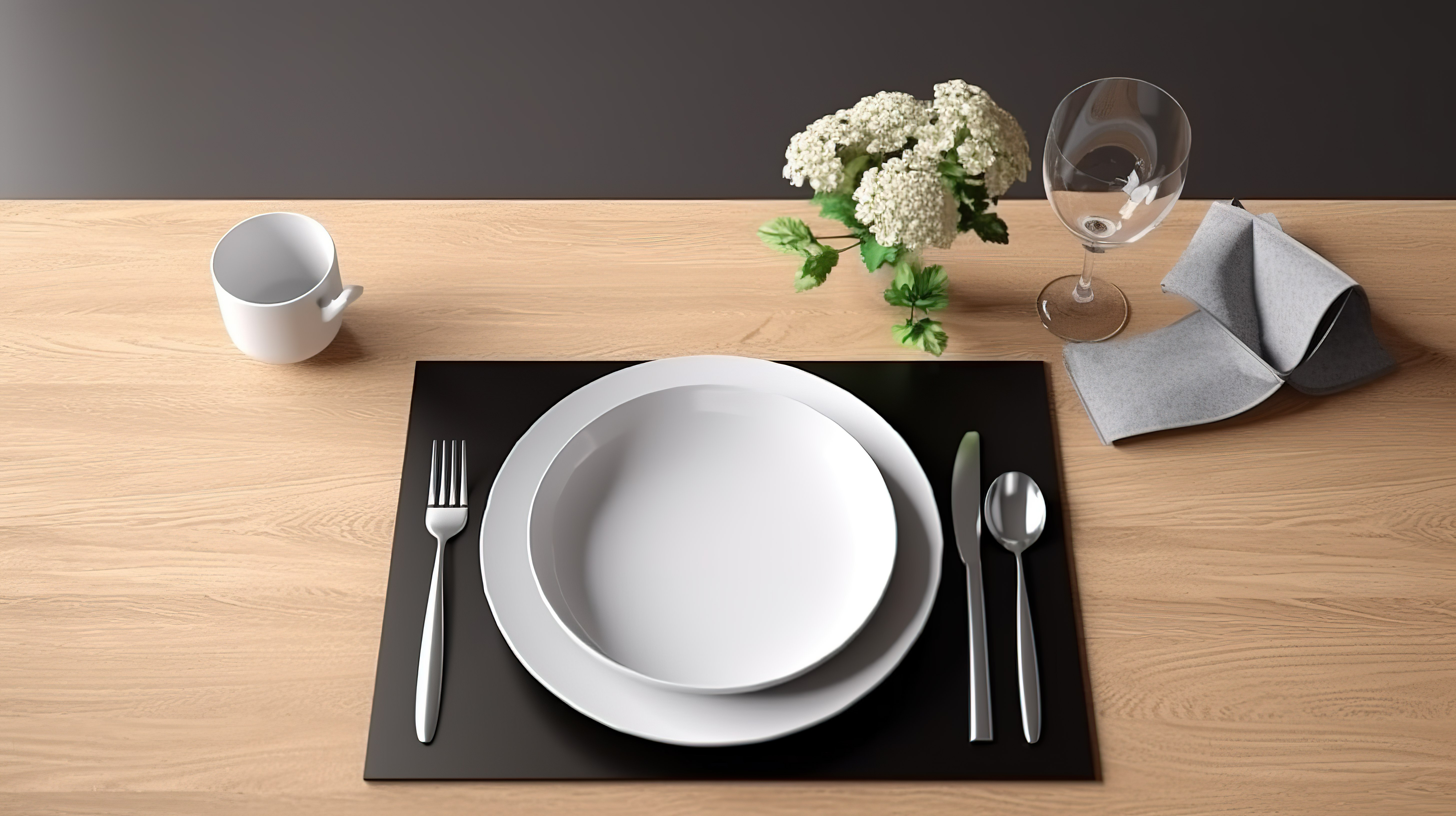 木桌 3D 渲染上显示的白色餐垫桌设置模型图片