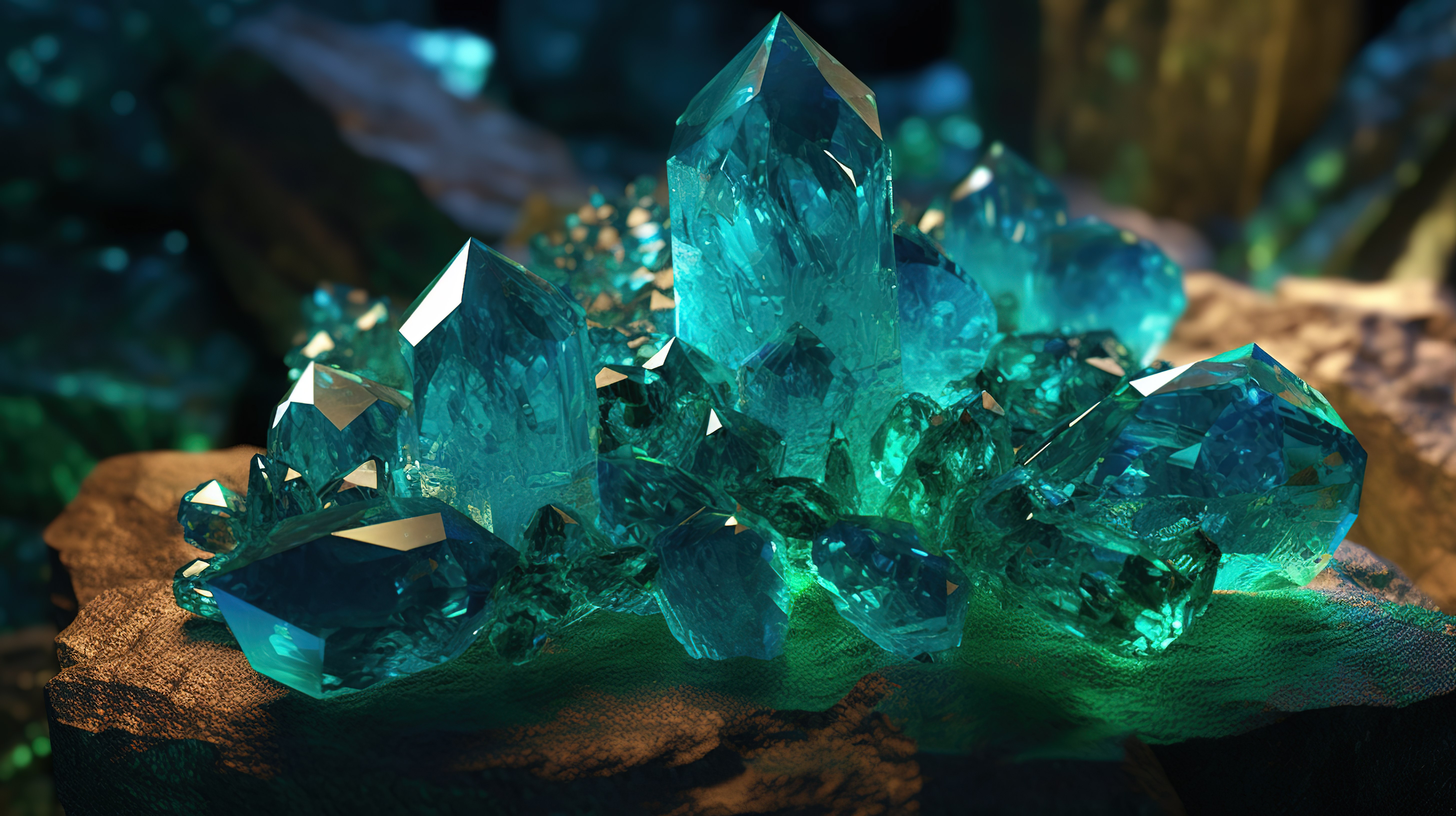 3D 渲染矿山中的一组珍贵的蓝色和绿色水晶宝石图片