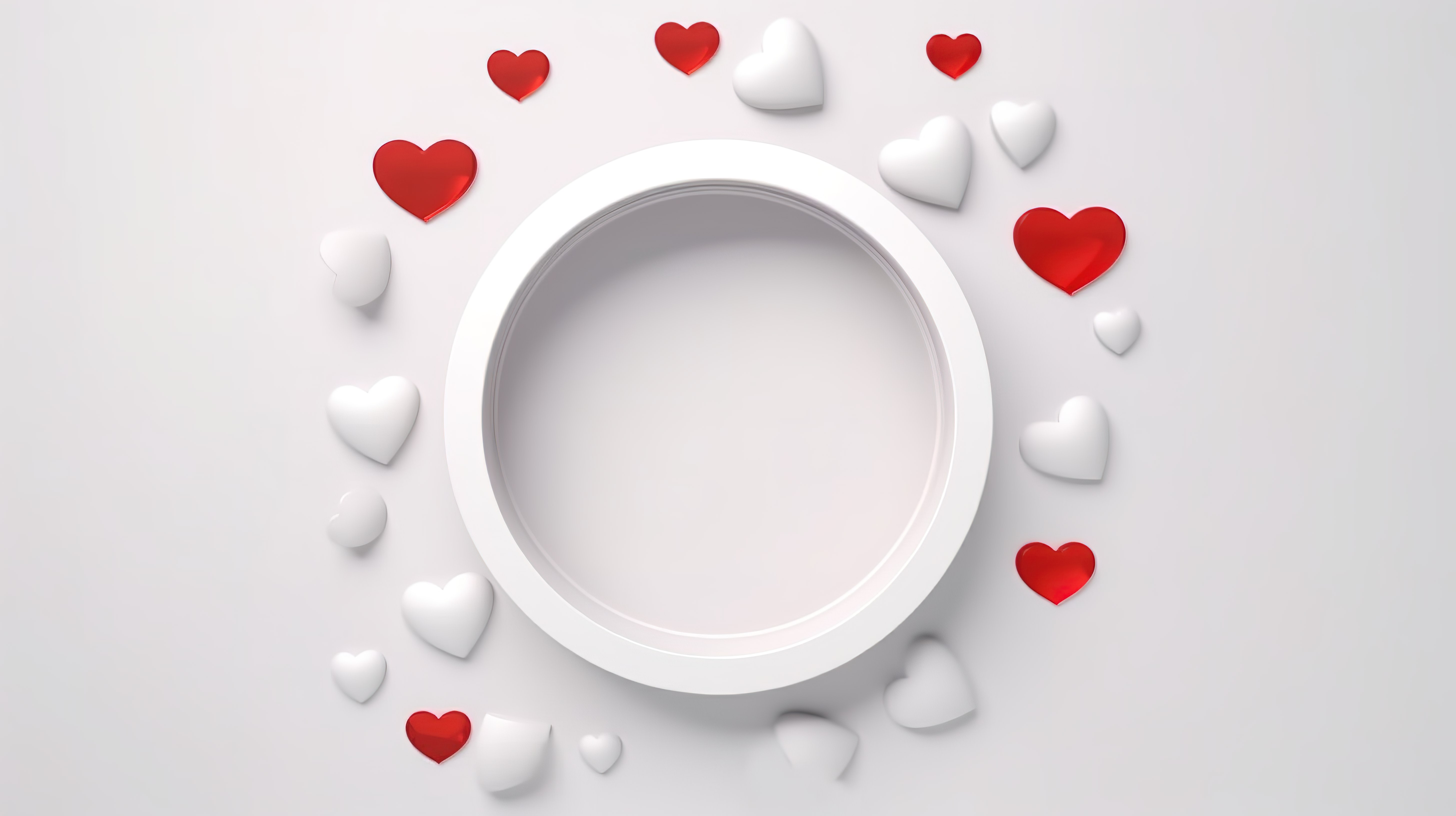 现代 3D 渲染爱情符号白心漂浮在情人节圆孔背景的框架中图片