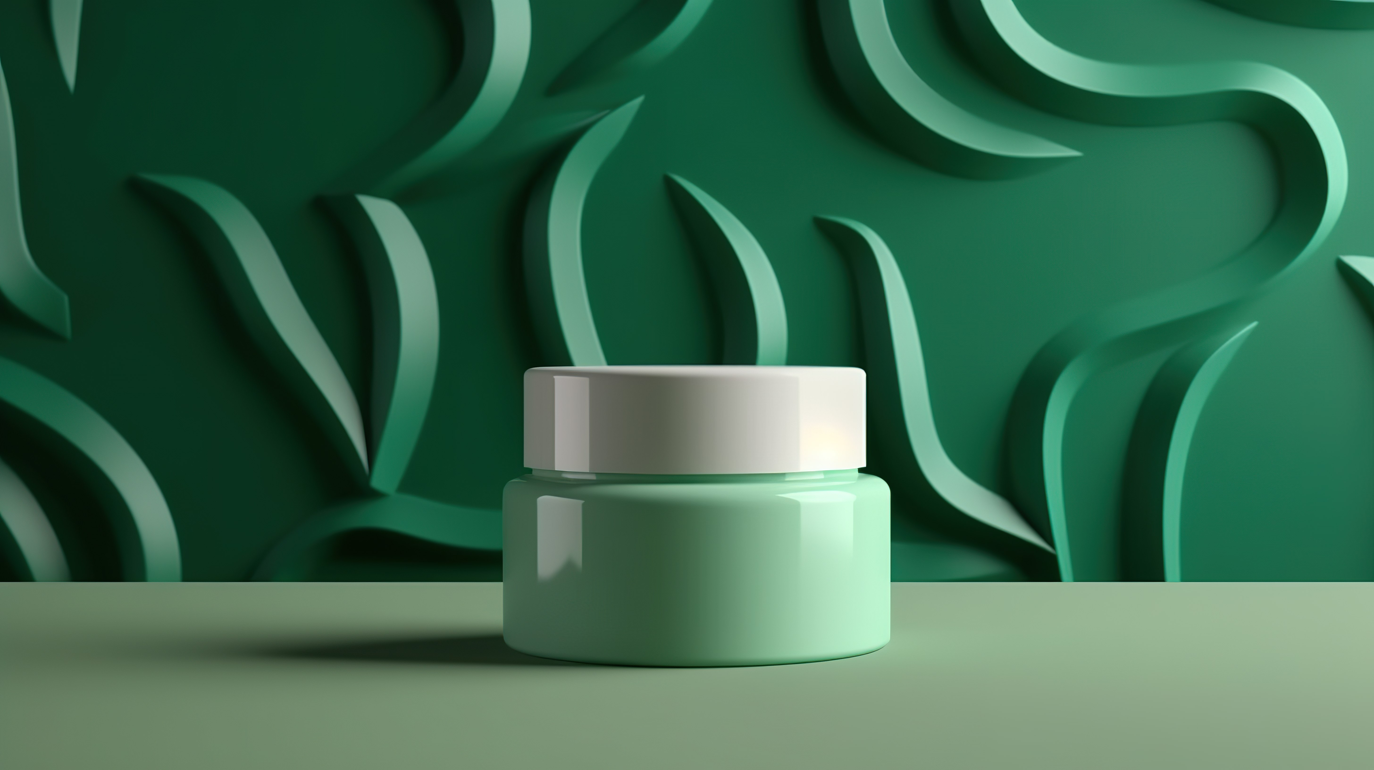 优雅包装的护手霜 3D 渲染奶油罐，在别致的绿色背景上进行美容和护肤图片