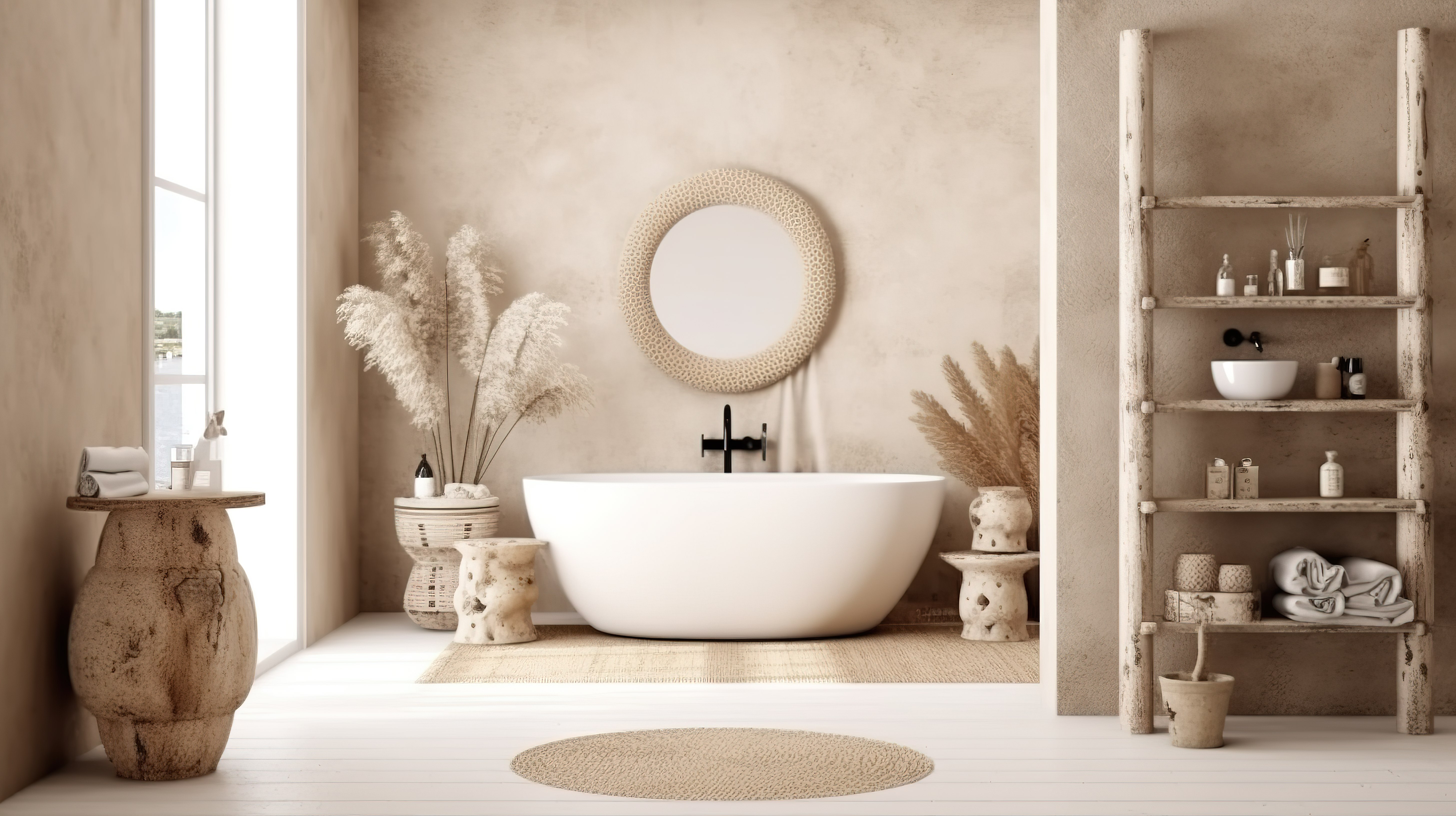 波西米亚斯堪的纳维亚风格的米色浴室 3D 渲染家居室内装饰图片