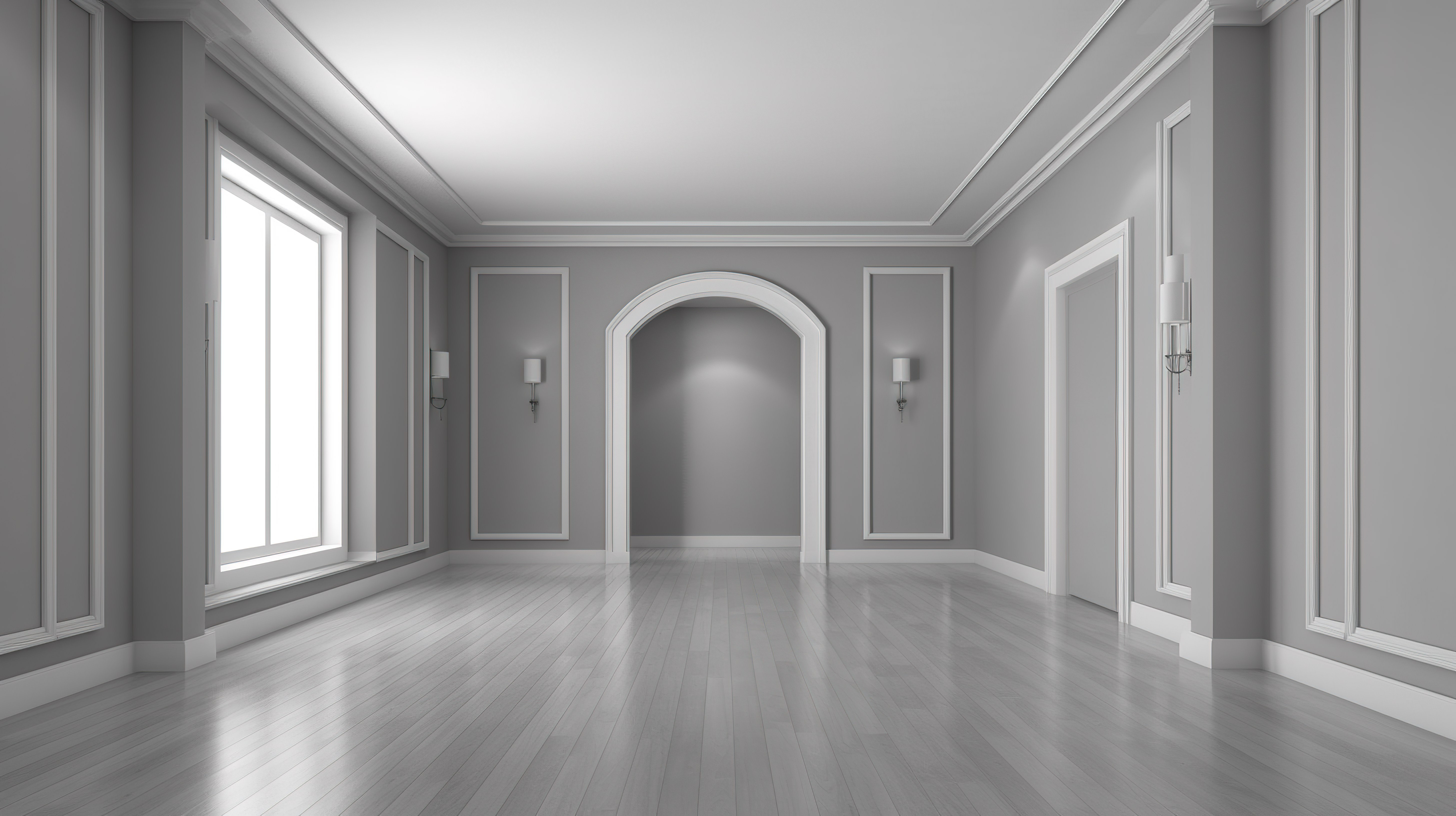 灰色墙壁白色地板的简约空间的时尚现代 3D 渲染图片