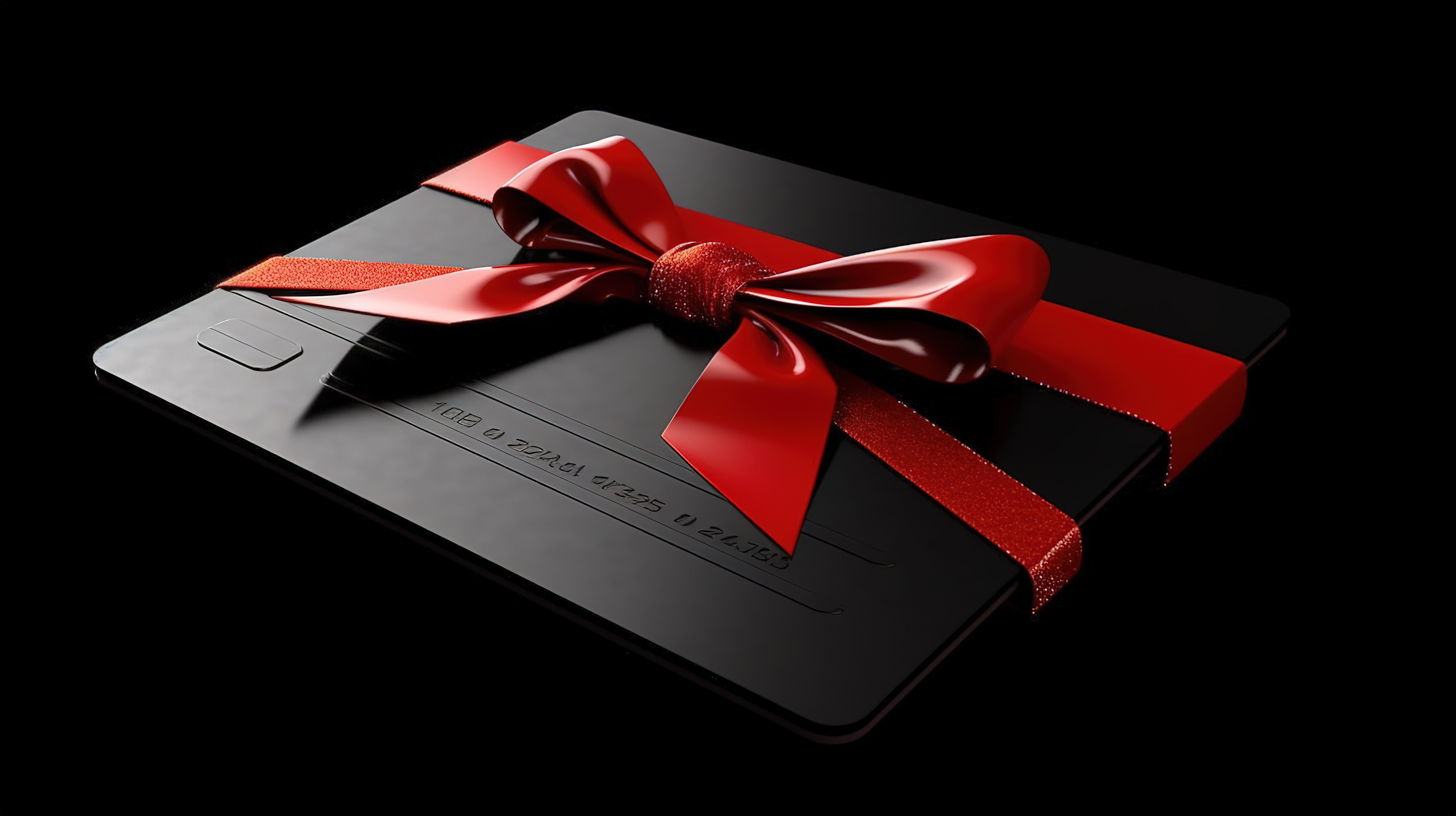 奢华的高级黑色信用卡的 3D 渲染，带有闪闪发光的红丝带，代表高端豪华白金 VIP 礼品概念图片