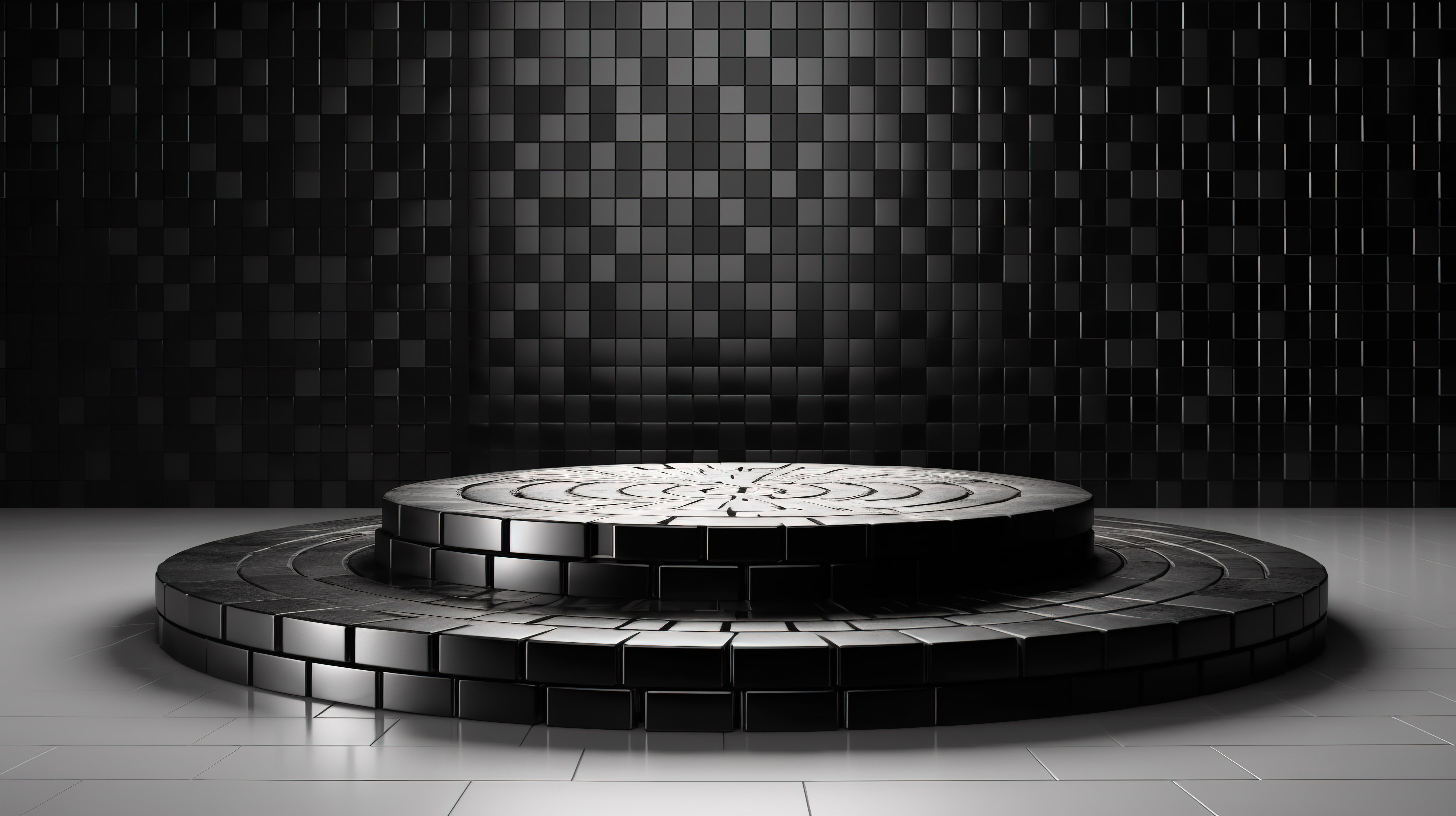 时尚的圆形平台位于时尚的黑色迷你瓷砖别致的 3D 渲染中图片