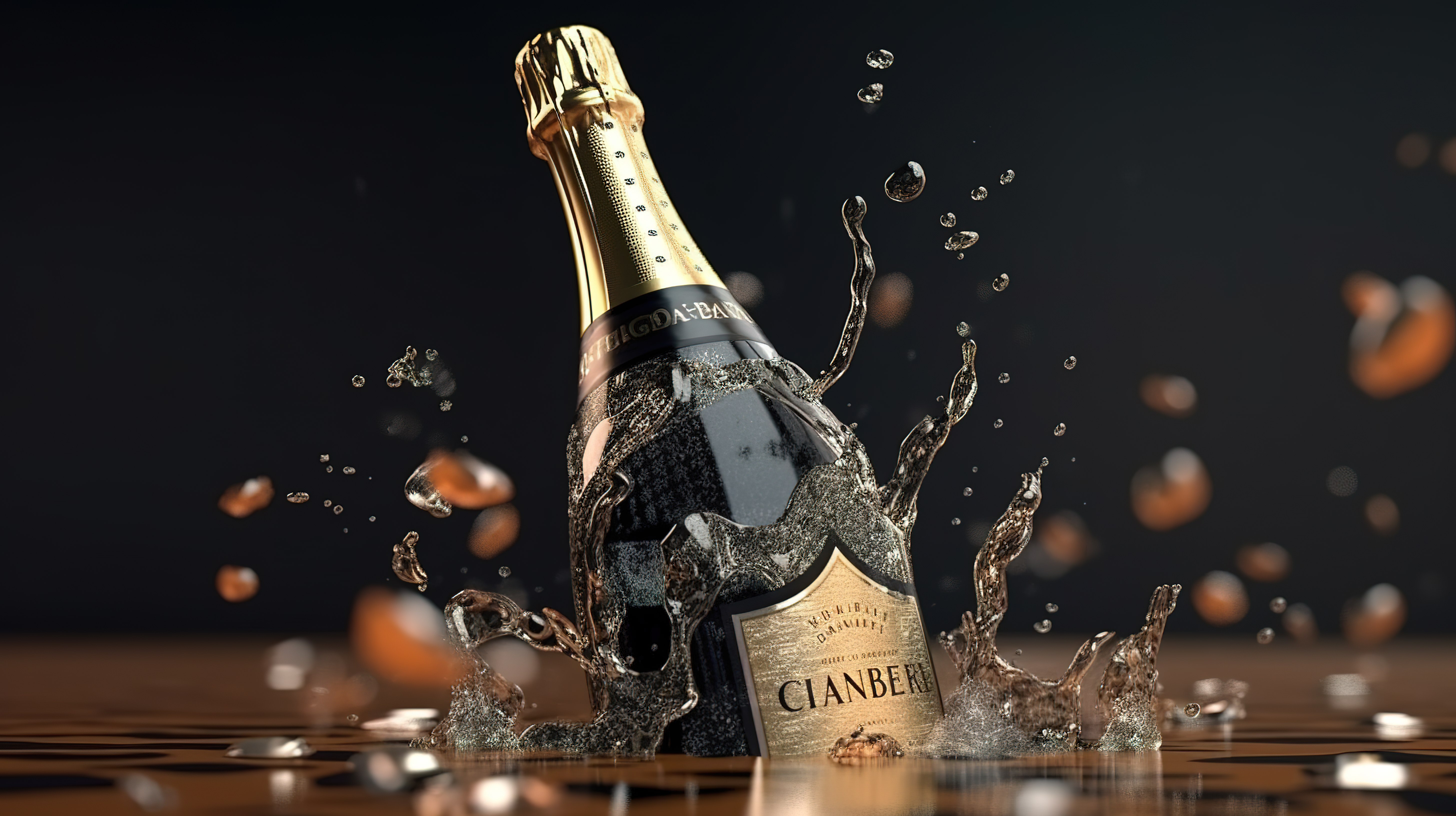 漂浮在空气中的香槟瓶模型 3D 渲染图片