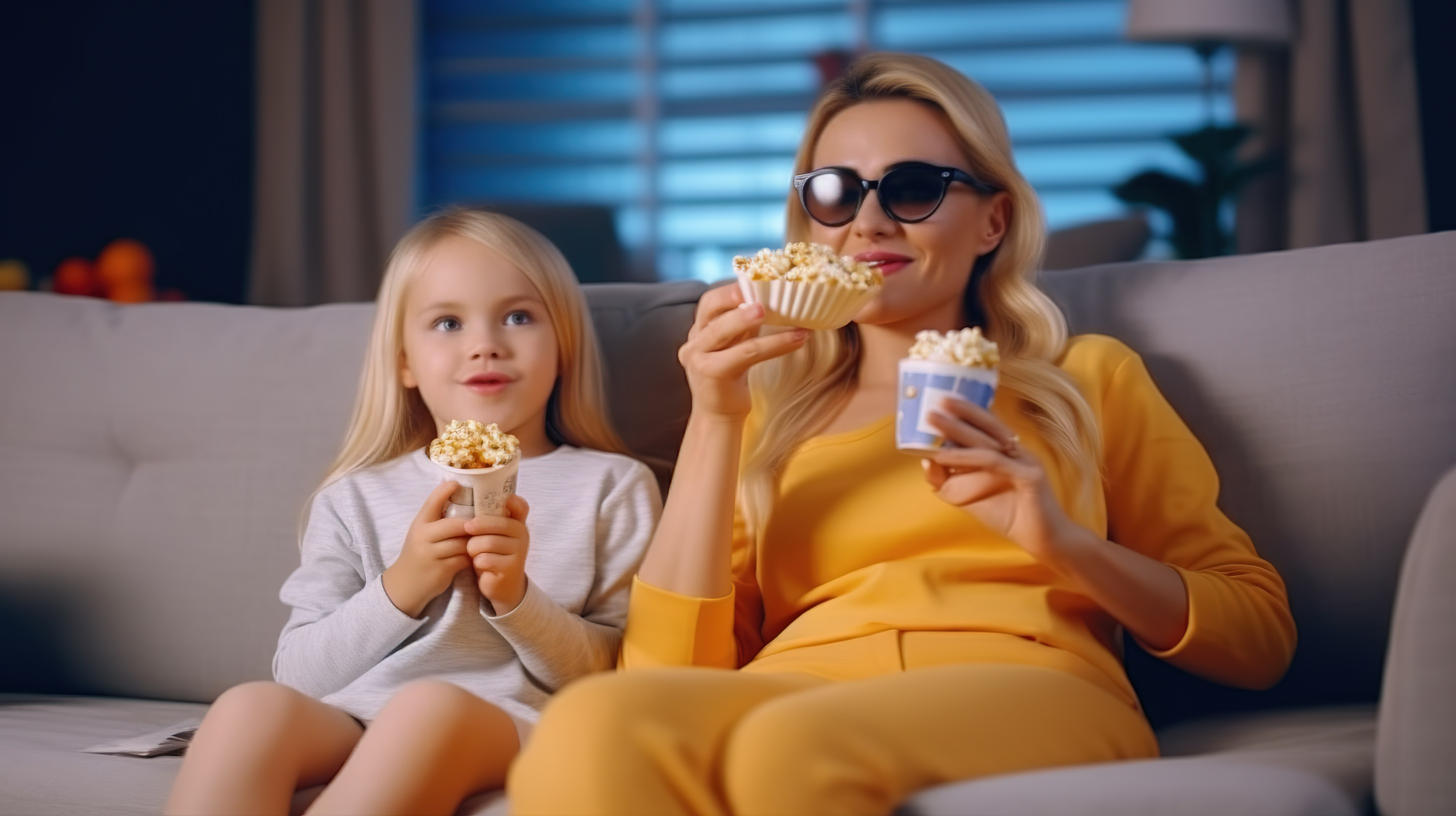 母女俩戴着 3D 眼镜，在沙发上吃爆米花，玩得很开心图片
