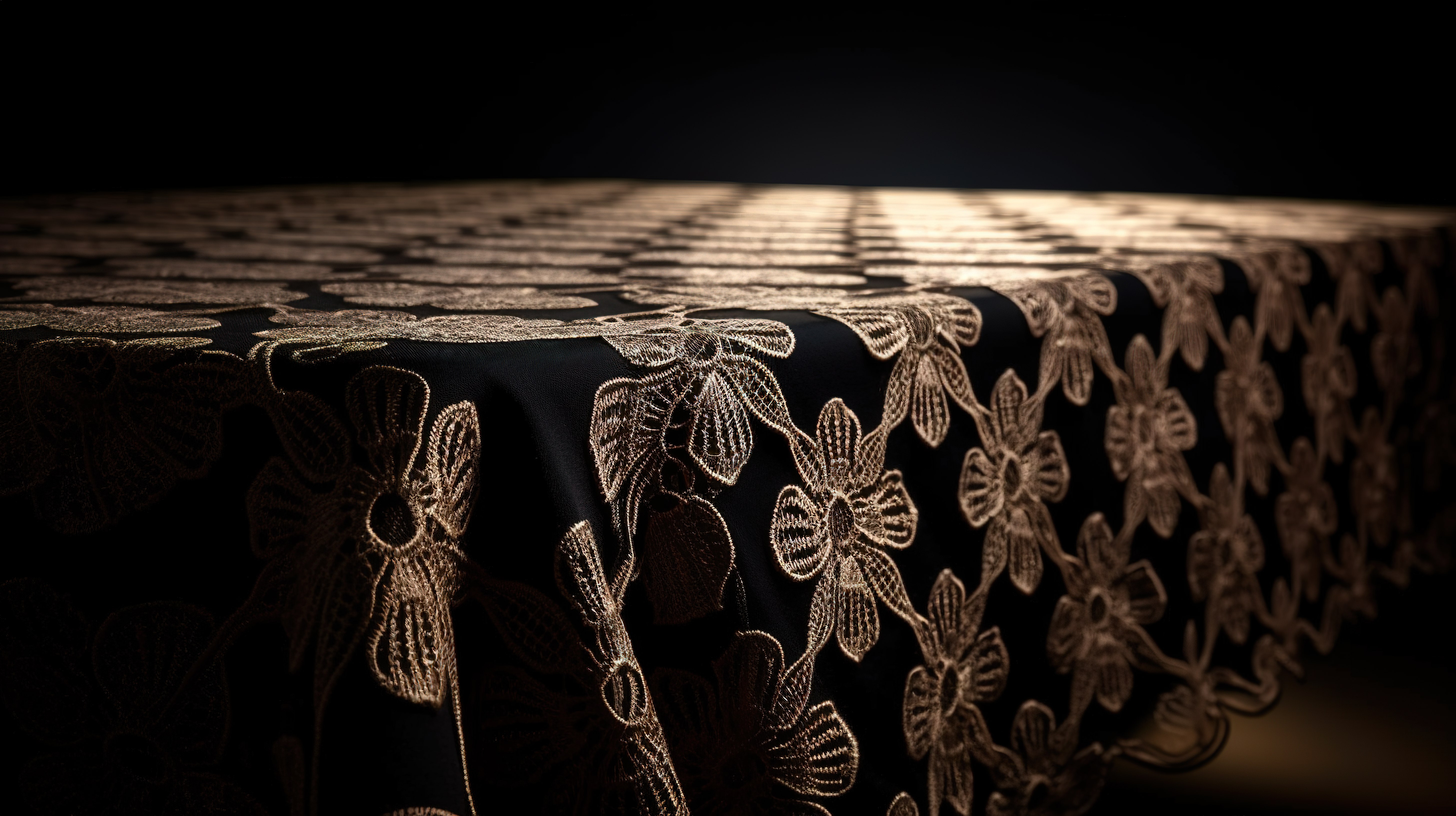 黑色背景展示了带有镂空设计的精致蕾丝桌布的 3D 渲染图片