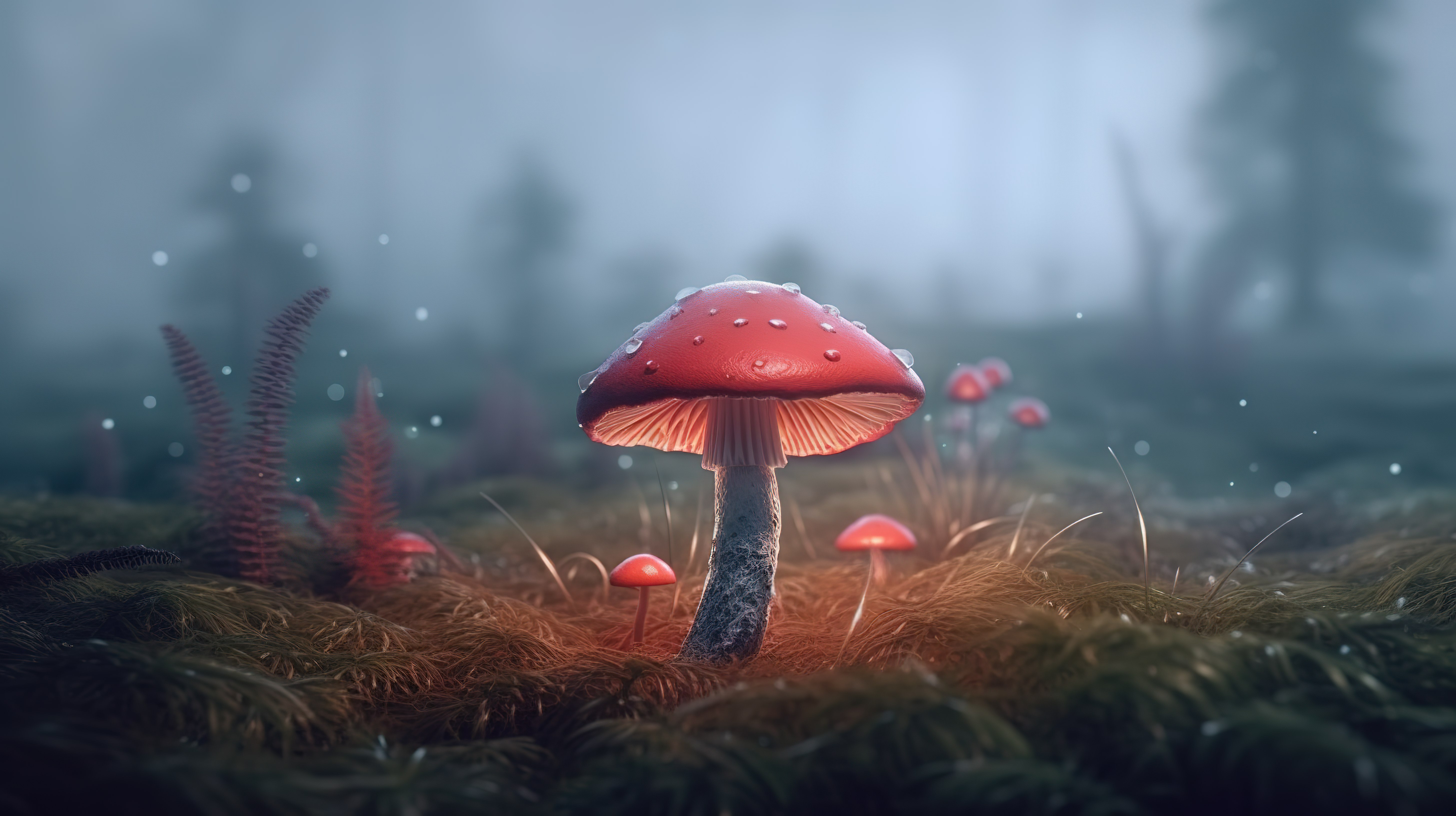 雾蒙蒙的草地上的红色蘑菇的 3d 渲染图片