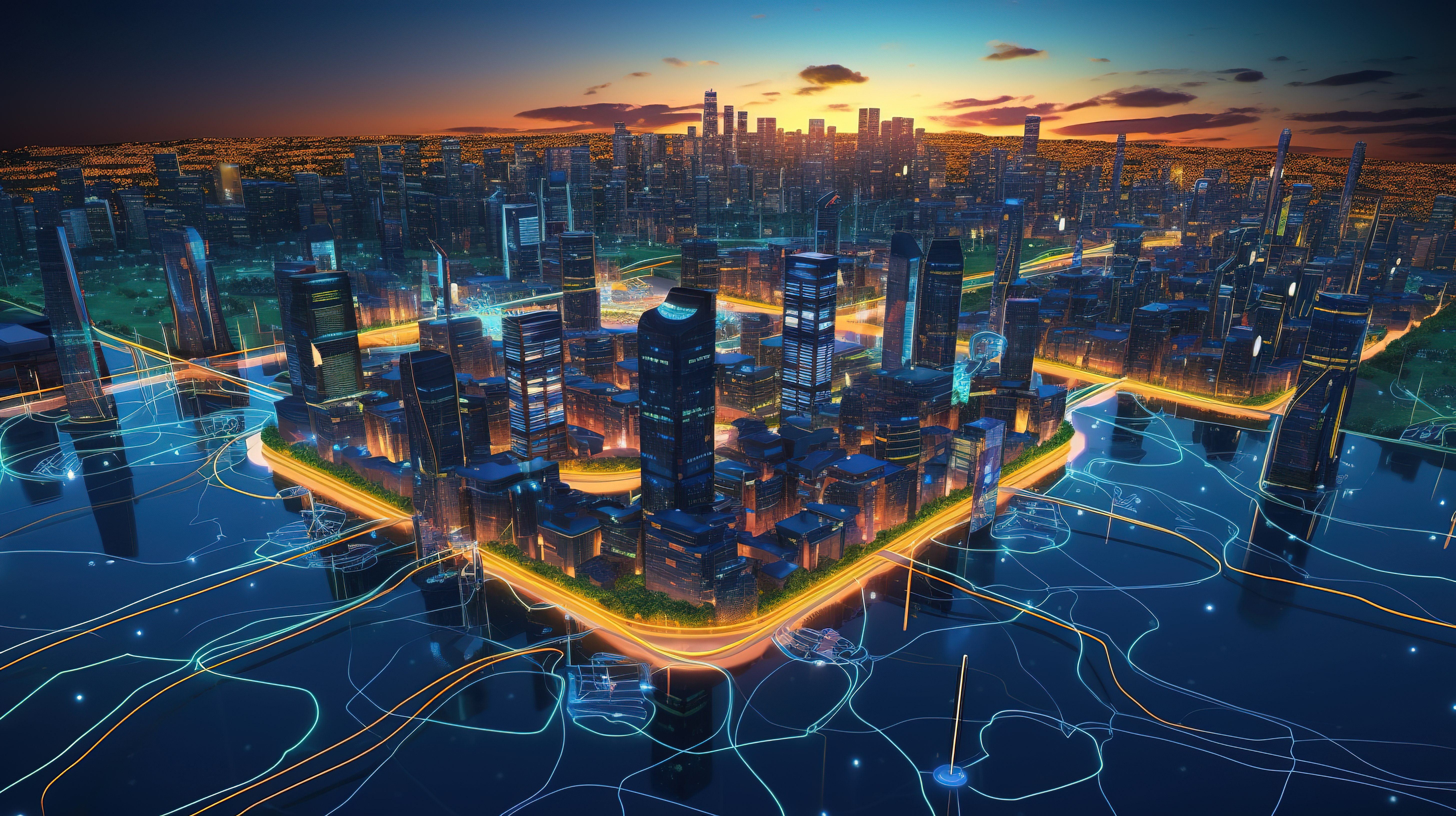 日落时未来城市智能电网可再生能源解决方案的 3D 渲染图片
