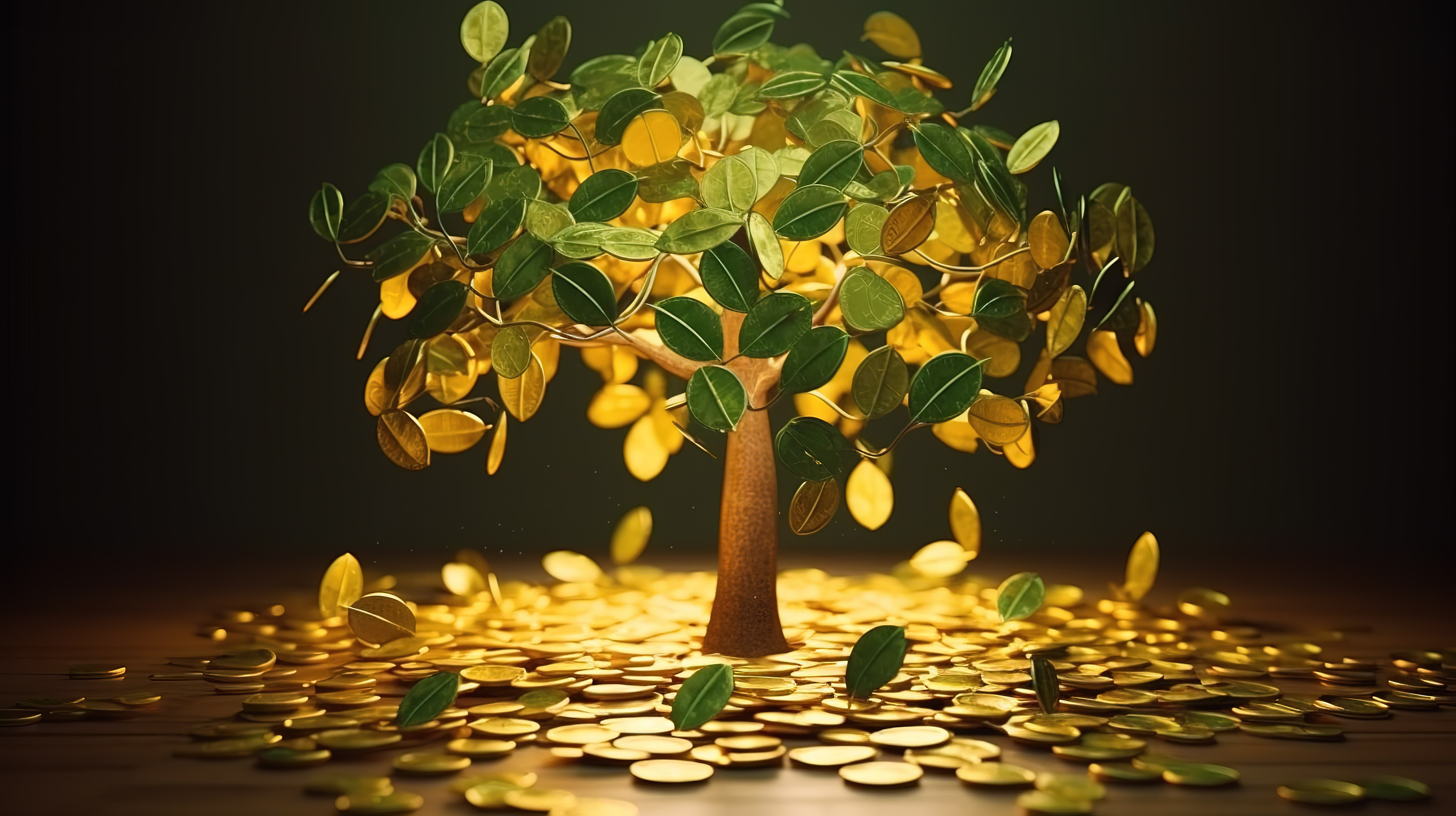 商业设计描绘了 3D 渲染的金钱树投资与落下的硬币图片