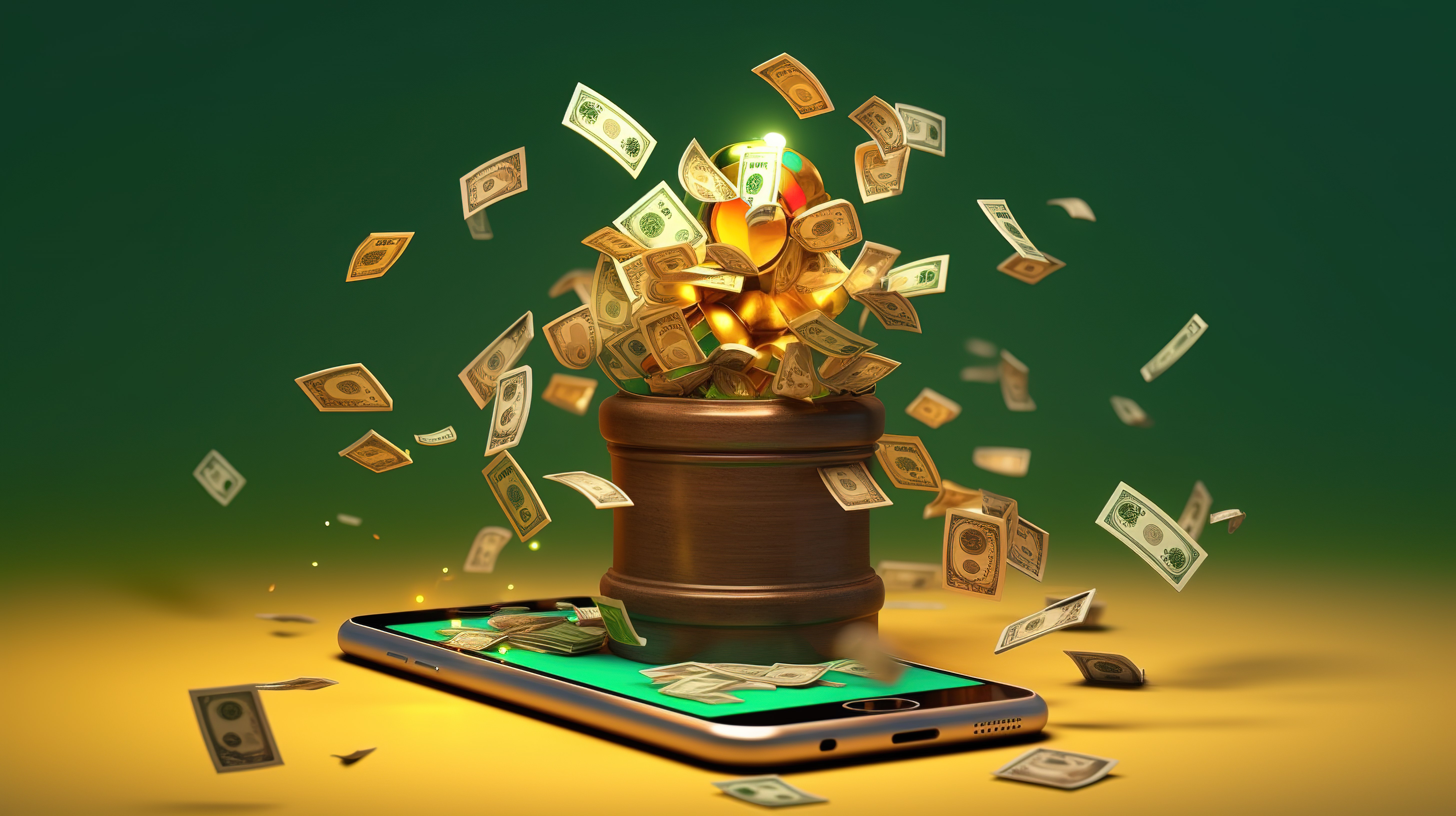 3D 渲染卡通手拿着智能手机，周围是现金，并启动一个获胜的在线赌场应用程序图片