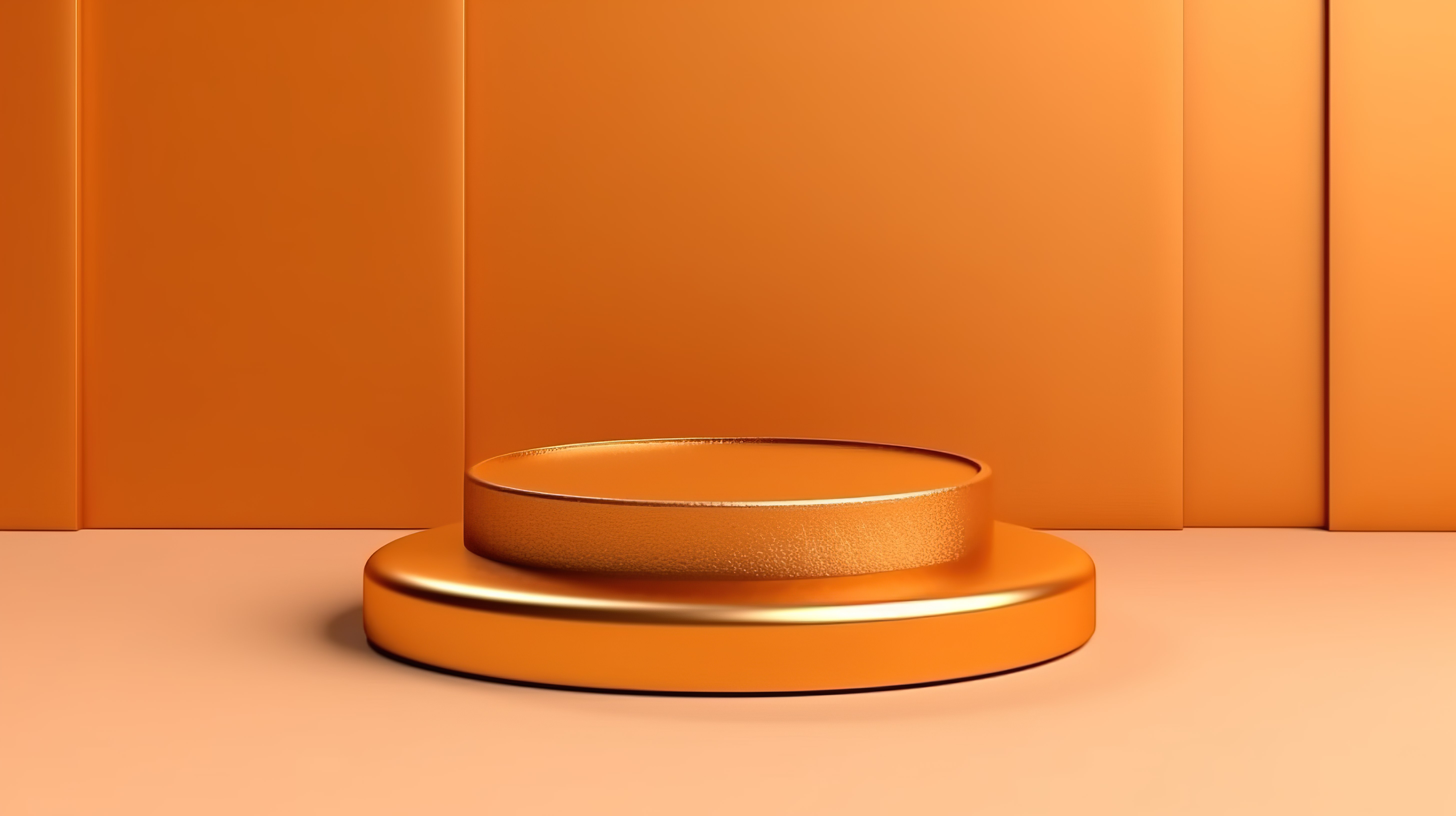 豪华金缸讲台，具有简约浅橙色 3D 顶视图，用于产品展示摄影背景图片