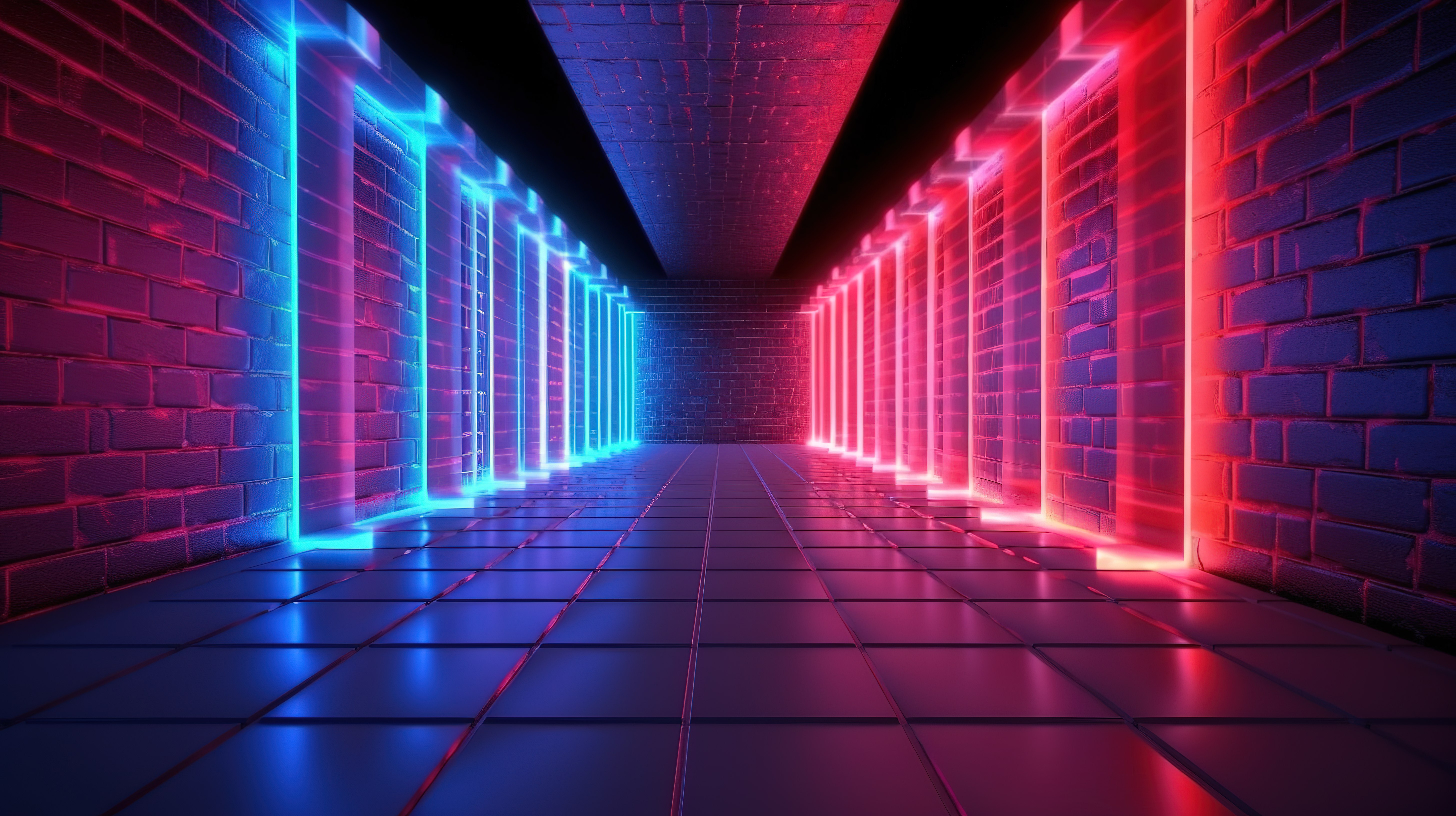 红色和蓝色霓虹灯背景中发光抽象冰线的高科技走廊的 3D 渲染图片