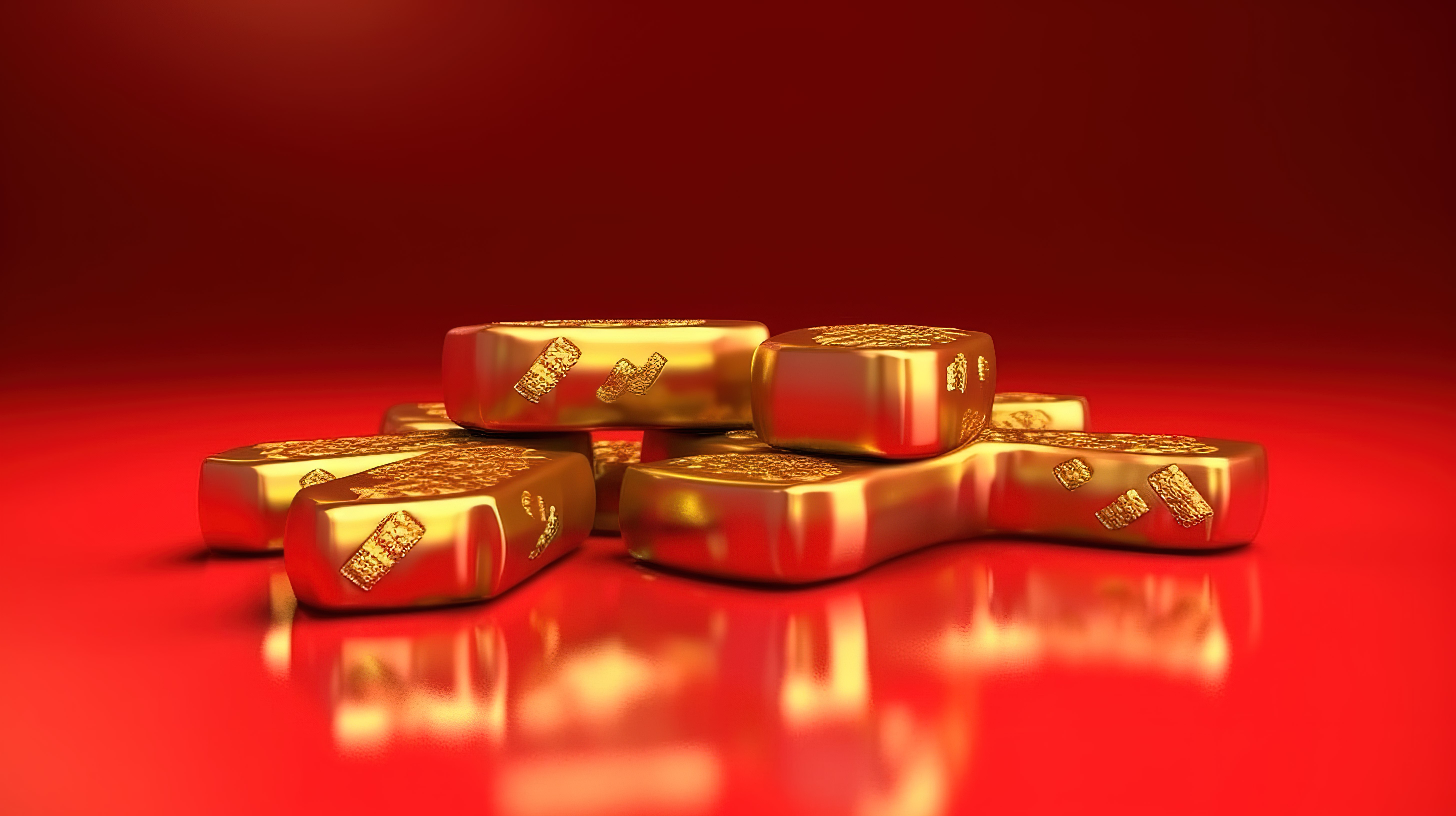 红色背景 3D 渲染古代金锭的中国节日元素插图图片