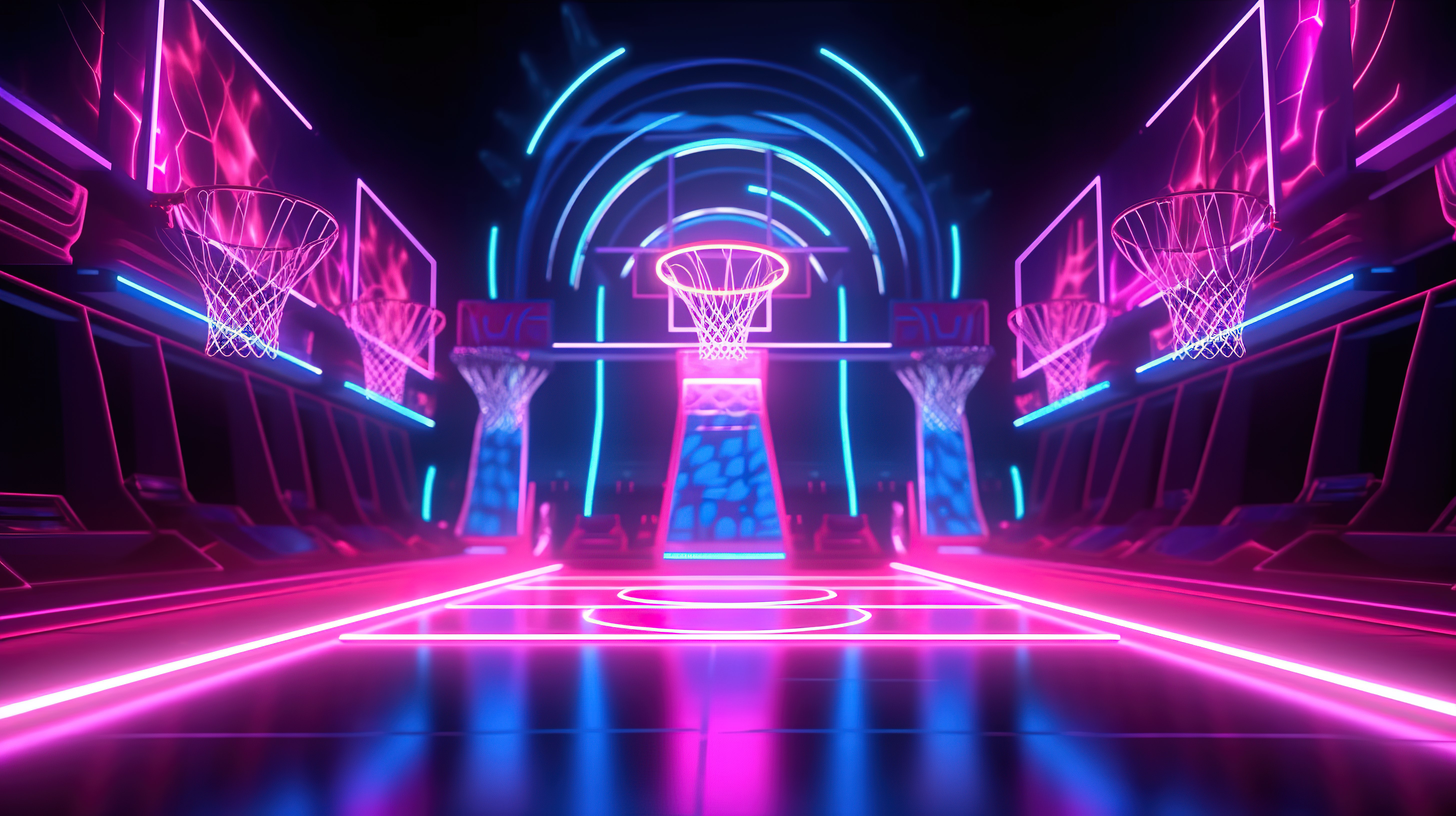 篮球场上发光的粉色和蓝色霓虹灯篮子的虚拟运动游乐场 3D 渲染图片