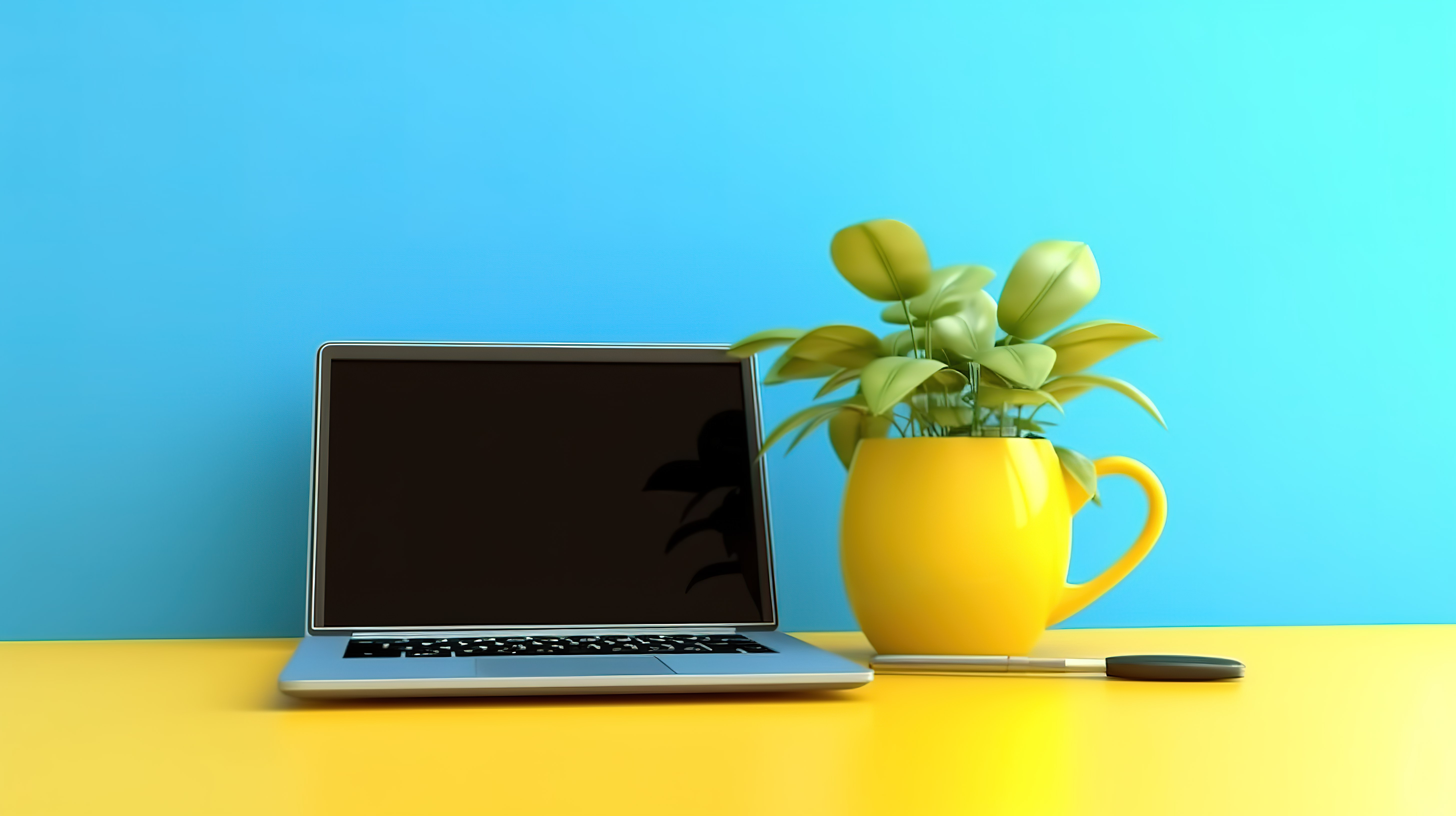 黄色桌子背景上小植物蓝色杯子和笔记本电脑的真实 3D 渲染图片