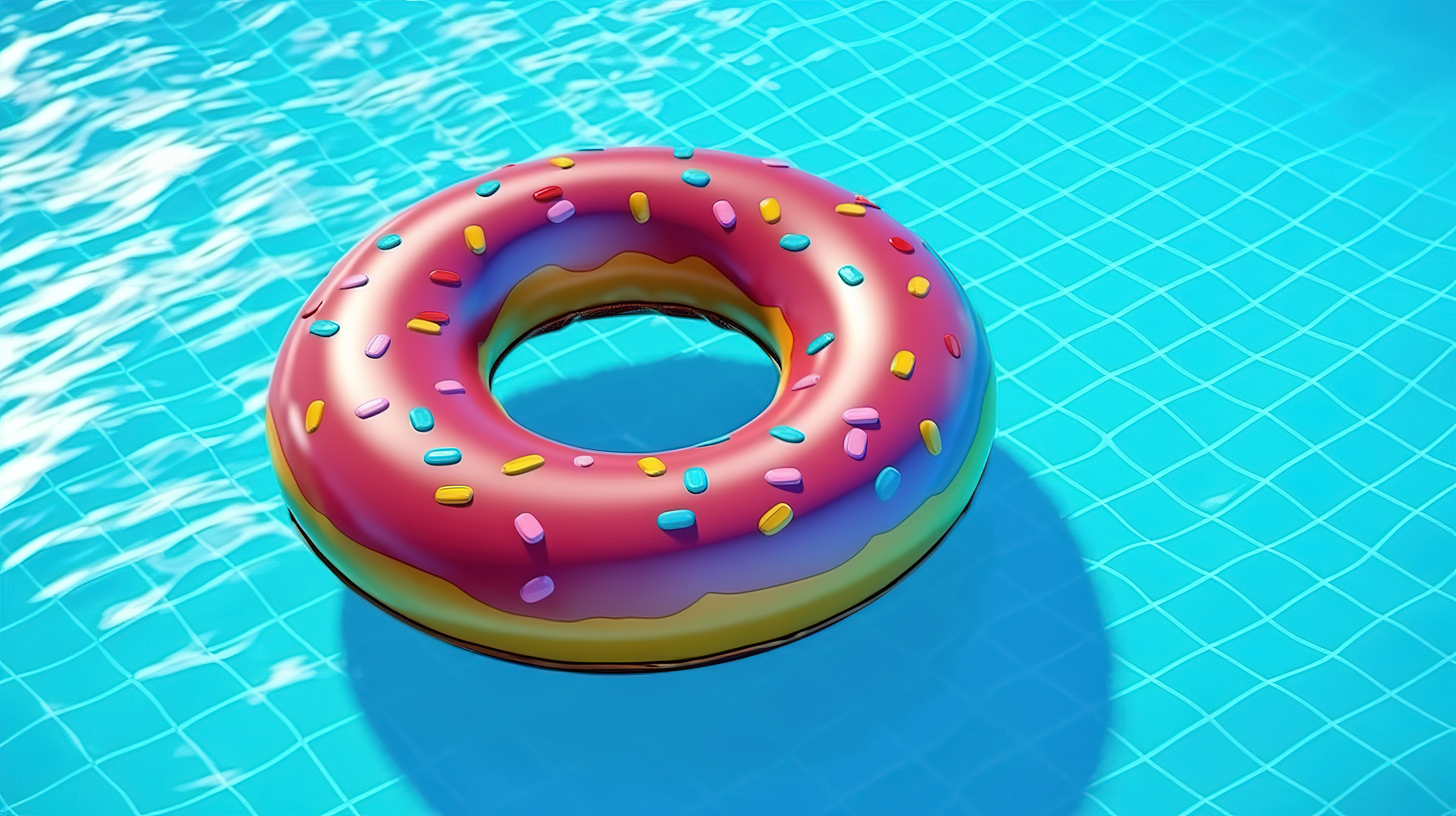 夏季有趣的 3D 渲染，漂浮在游泳池蓝色水面上的充气橡胶甜甜圈环，从上面看，有复制空间图片