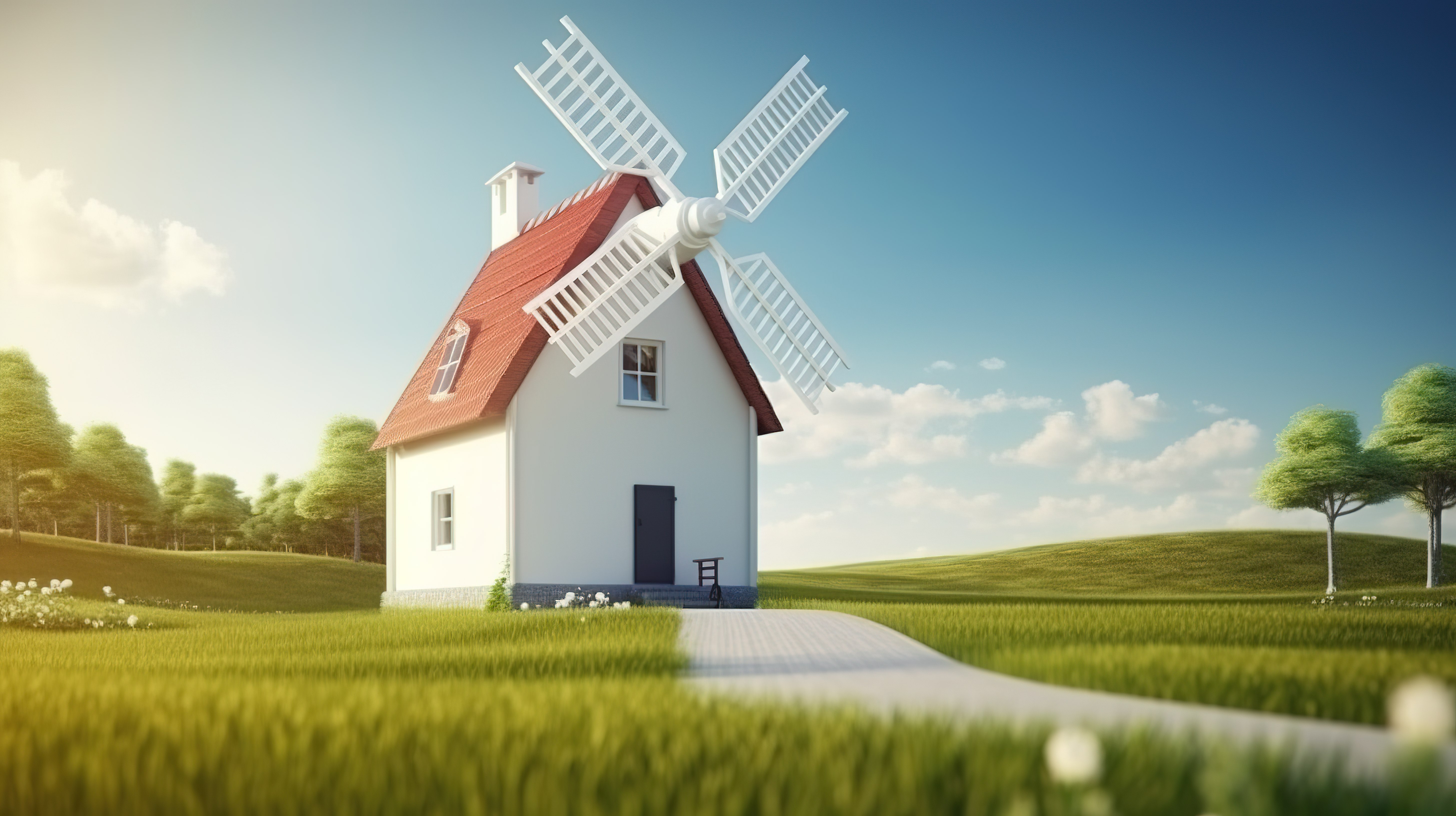 带有风车和白色木屋的绿色田野景观的 3D 插图图片
