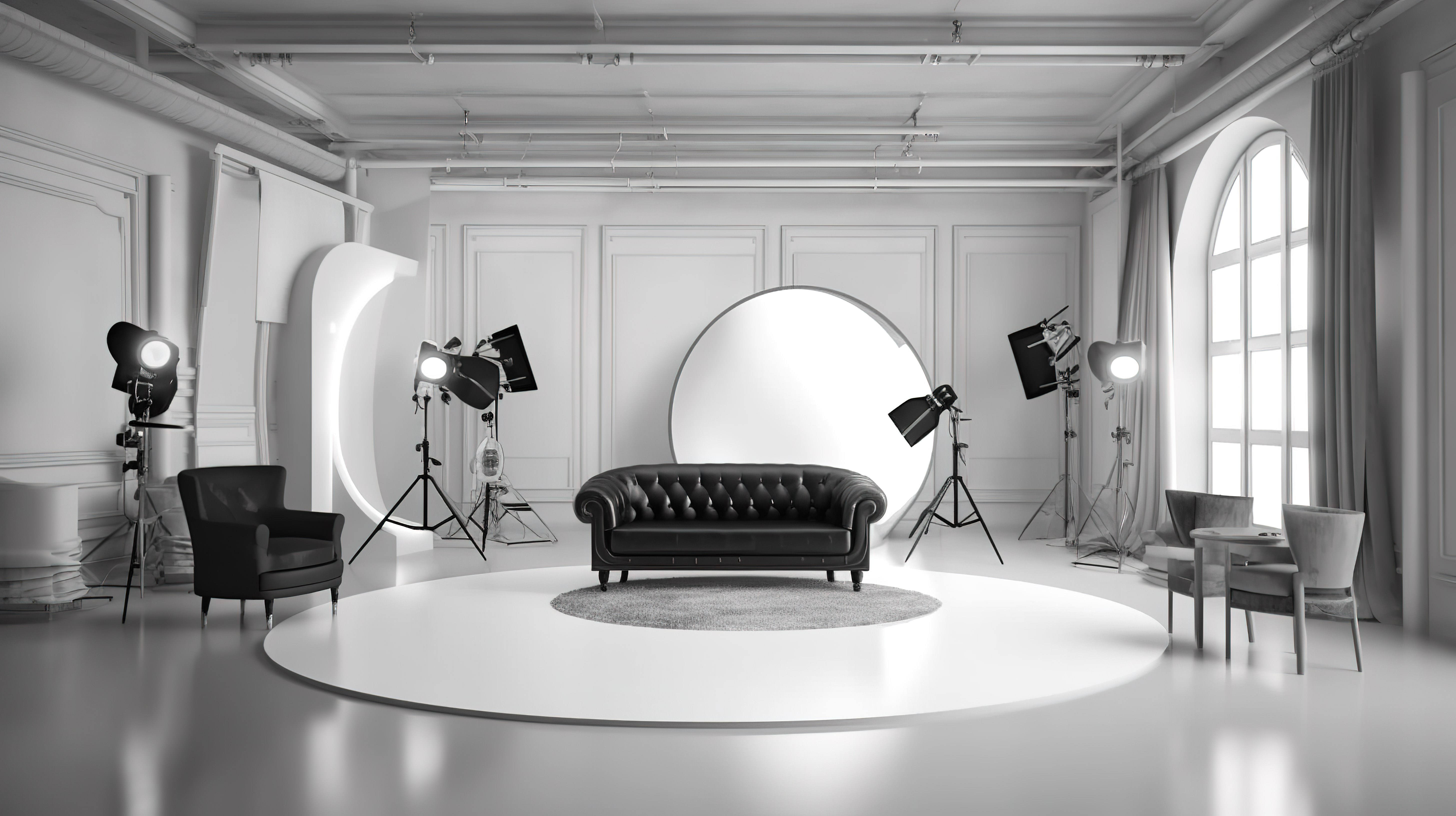 现代摄影工作室内部配有高品质照明设备窗景和舒适的扶手椅 3D 渲染图片