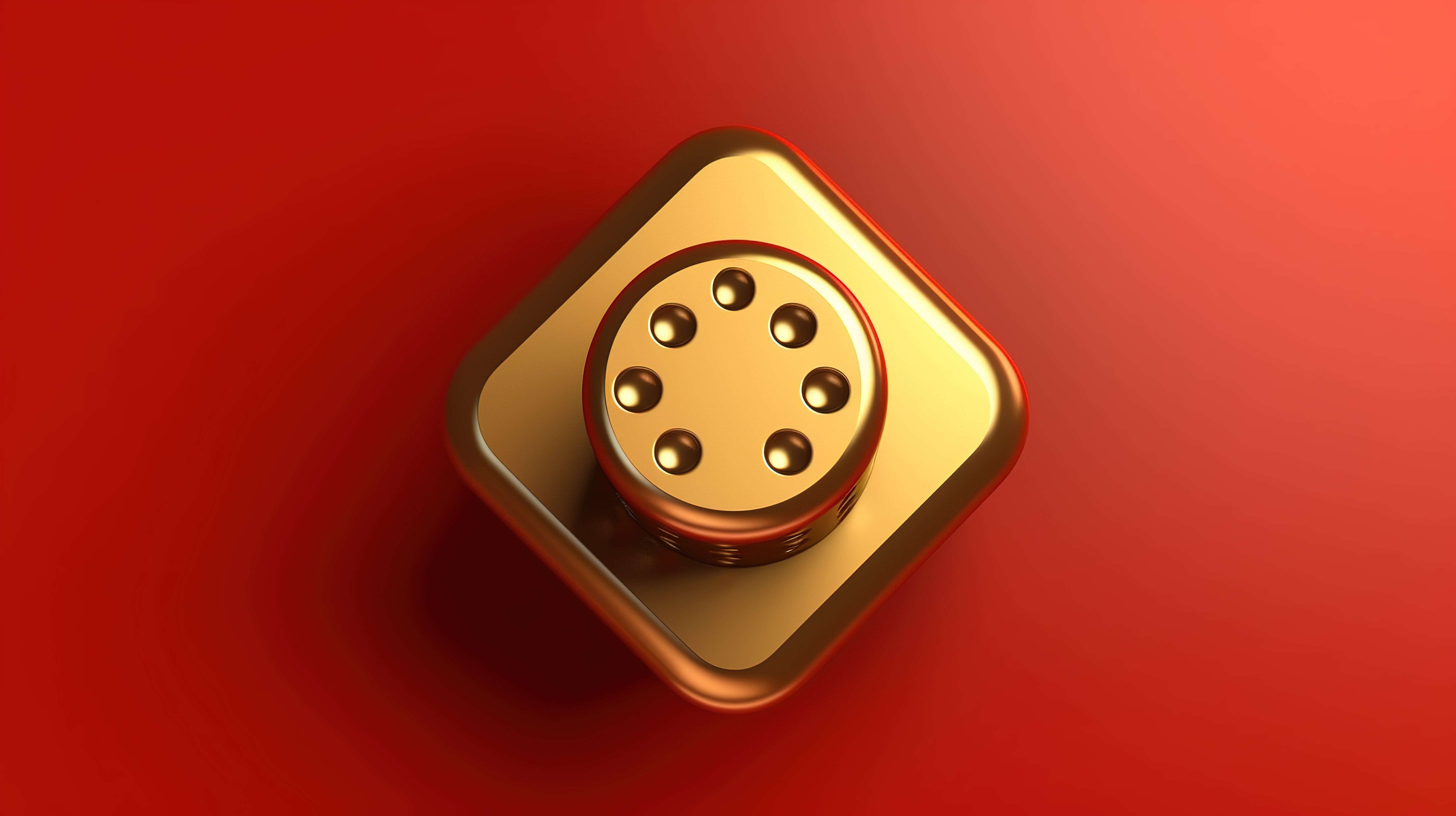 红色哑光金色牌匾上的单个骰子图标闪亮的金色骰子 3D 渲染的社交媒体符号图片
