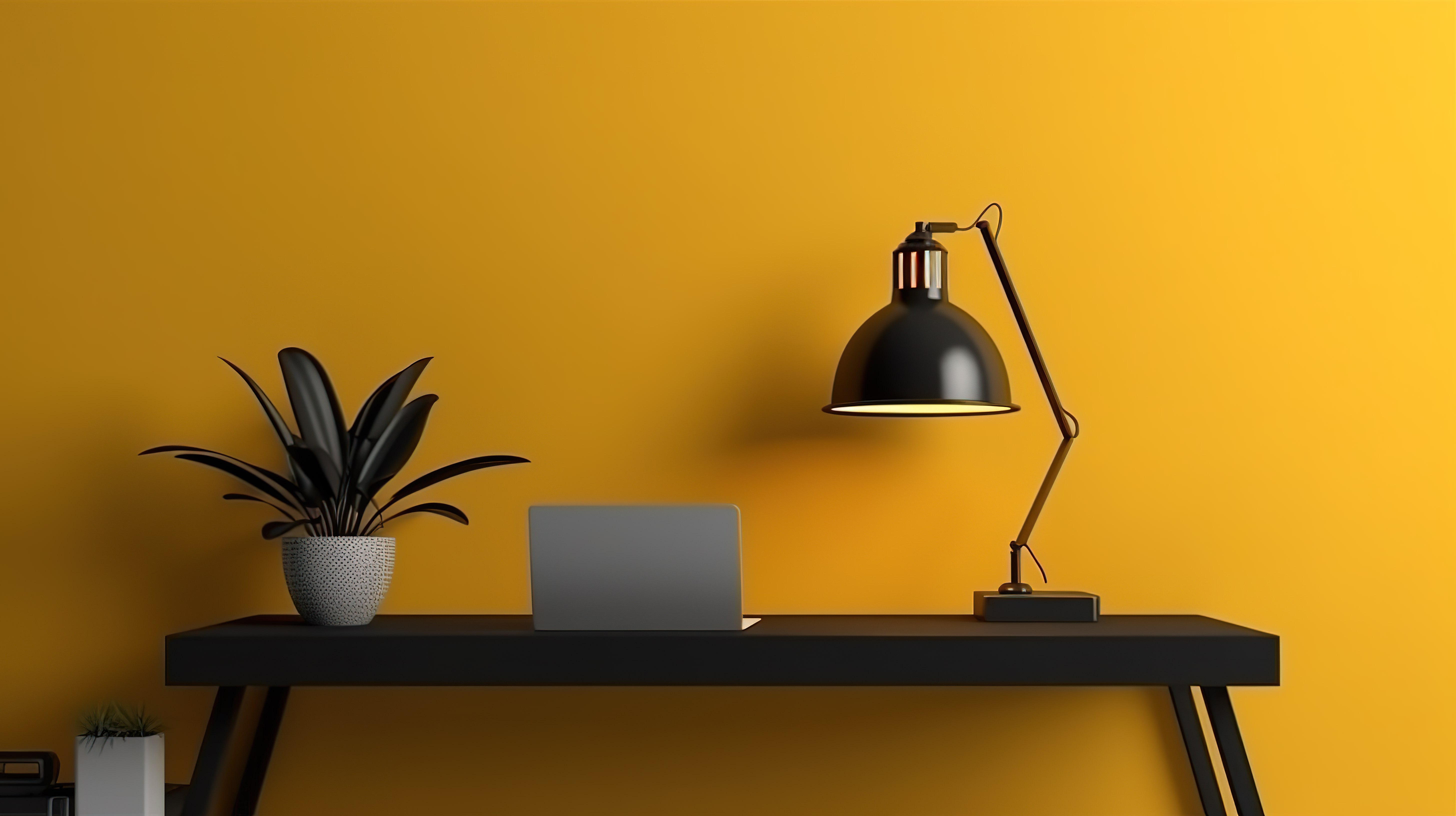 简约的工作空间笔记本电脑台灯和盆栽植物与充满活力的黄色墙壁和黑色混凝土口音3D 渲染图片