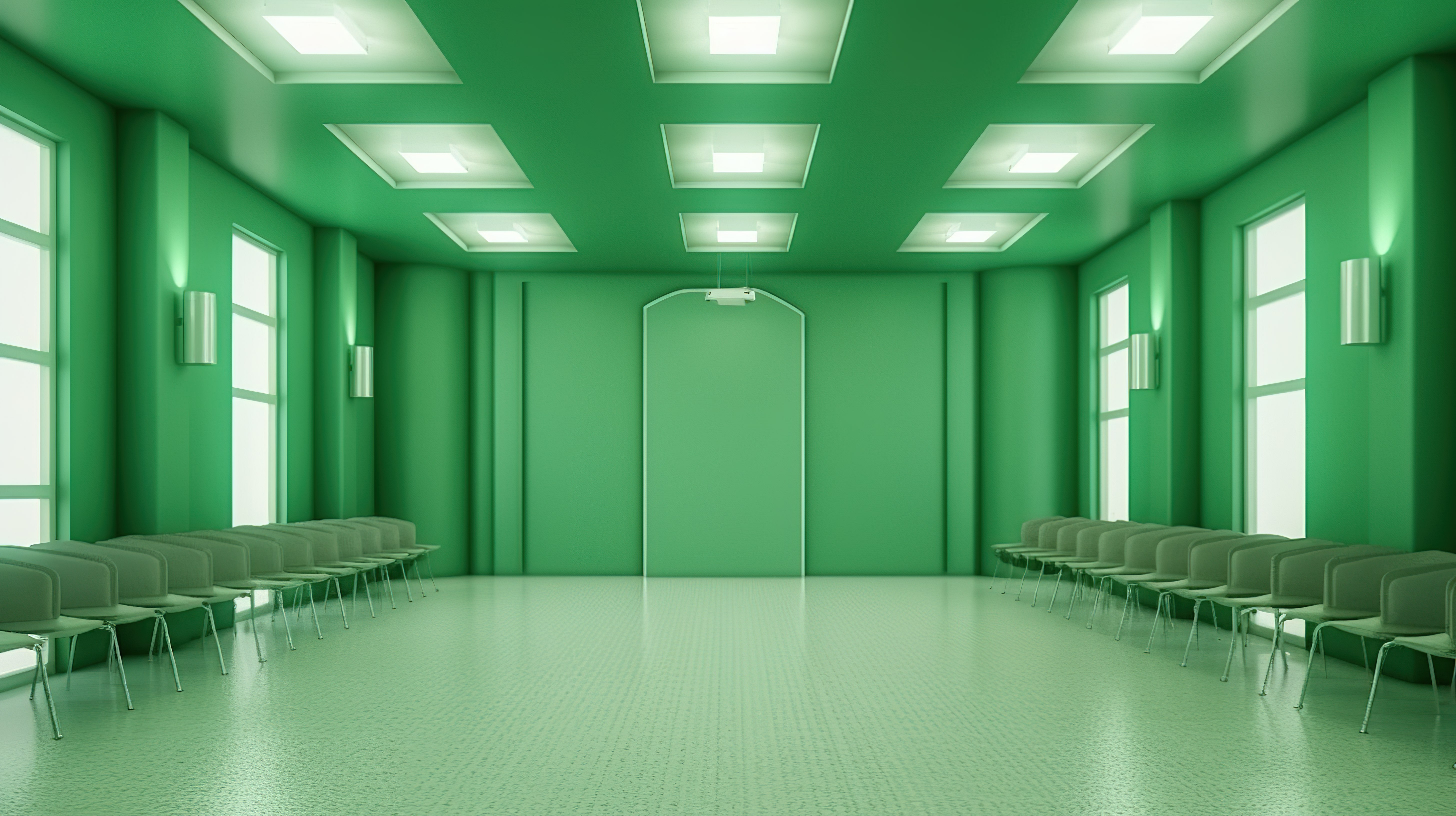 绿色设计的宽敞会议室的 3D 渲染图片