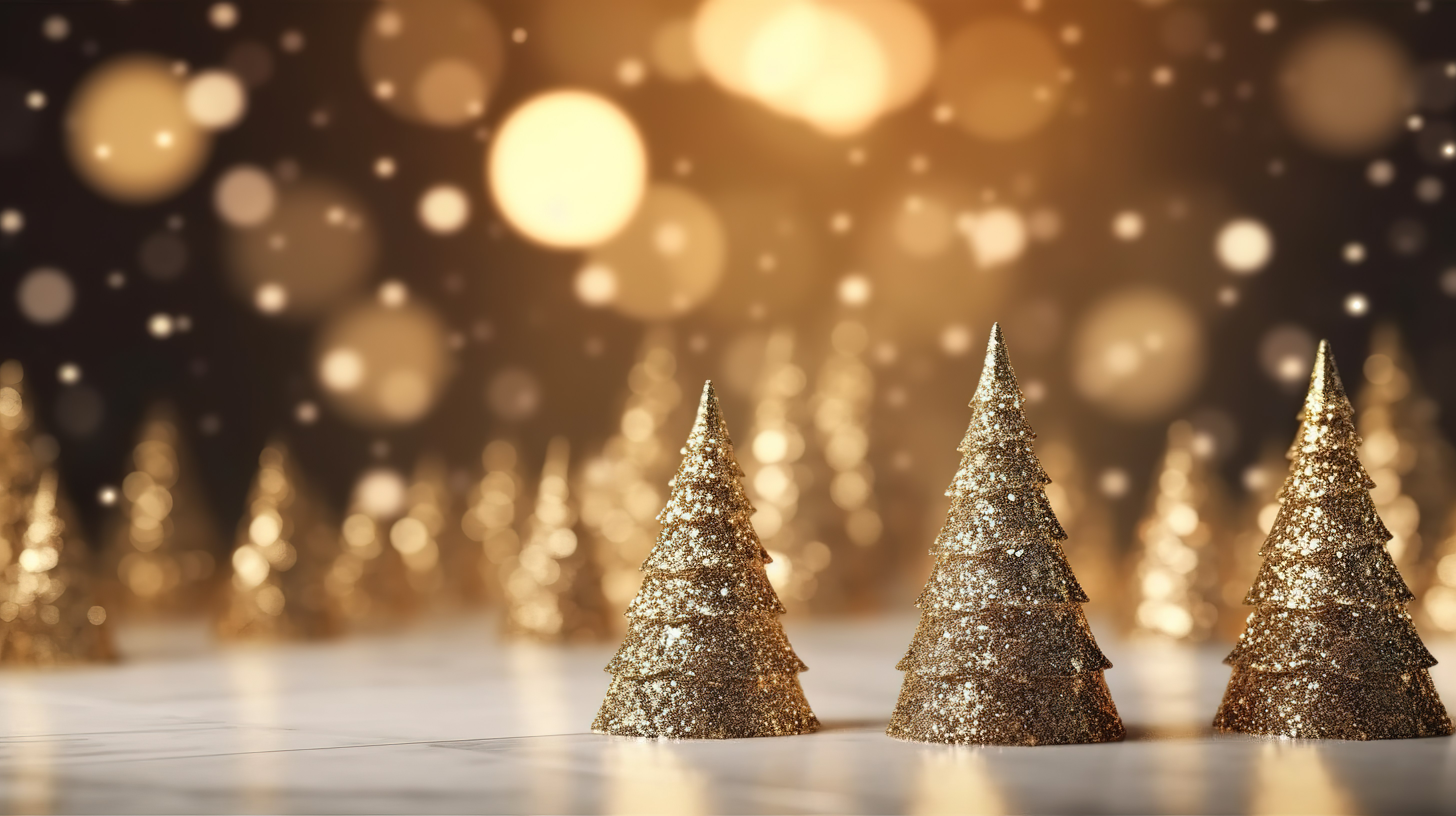 闪闪发光的圣诞树的 3D 渲染，周围环绕着模糊的散景灯，用于产品展示，并具有充足的复制空间图片