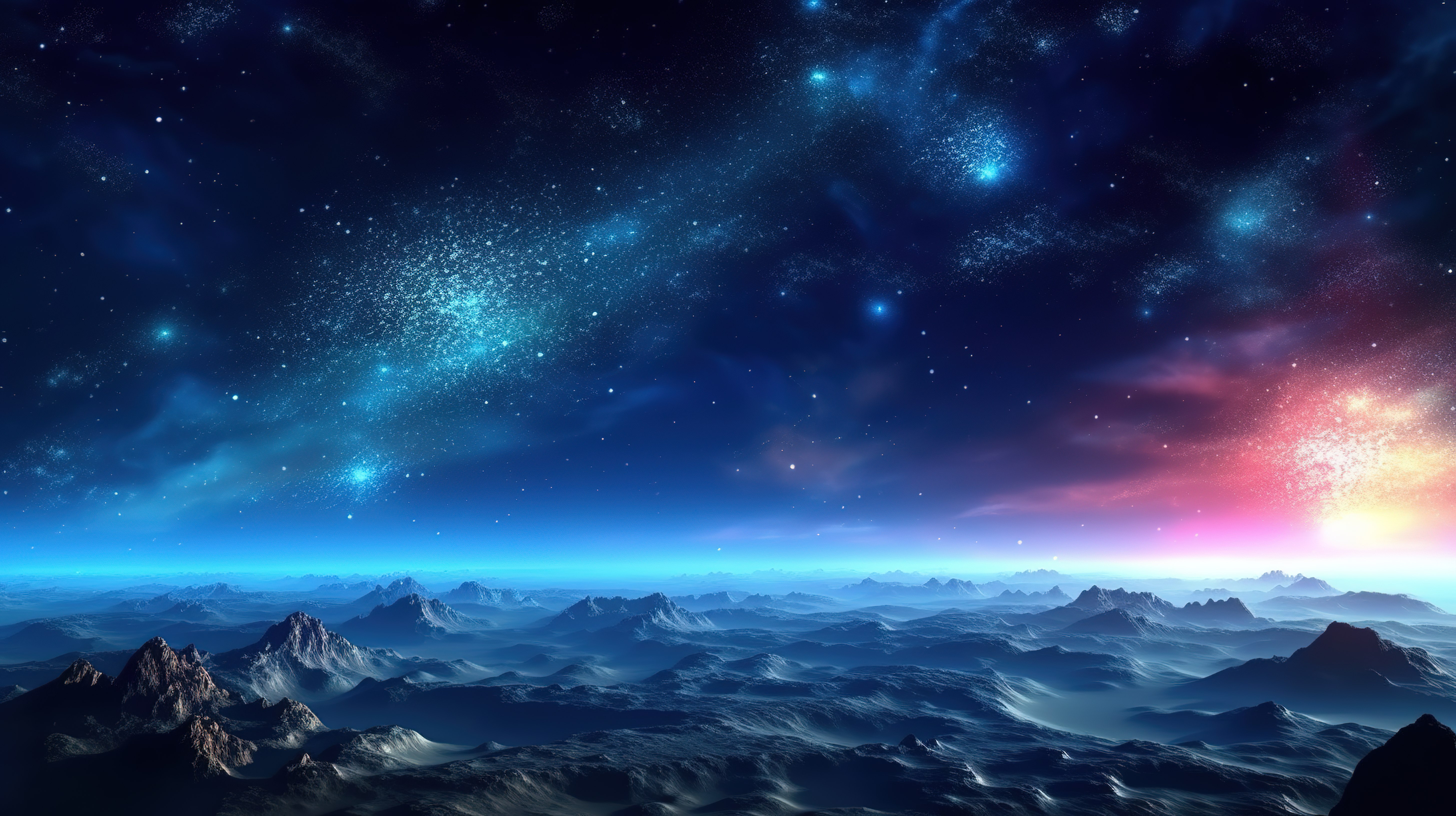 水平银河系和宇宙背景 3D 插图的星空和蓝色星系图片