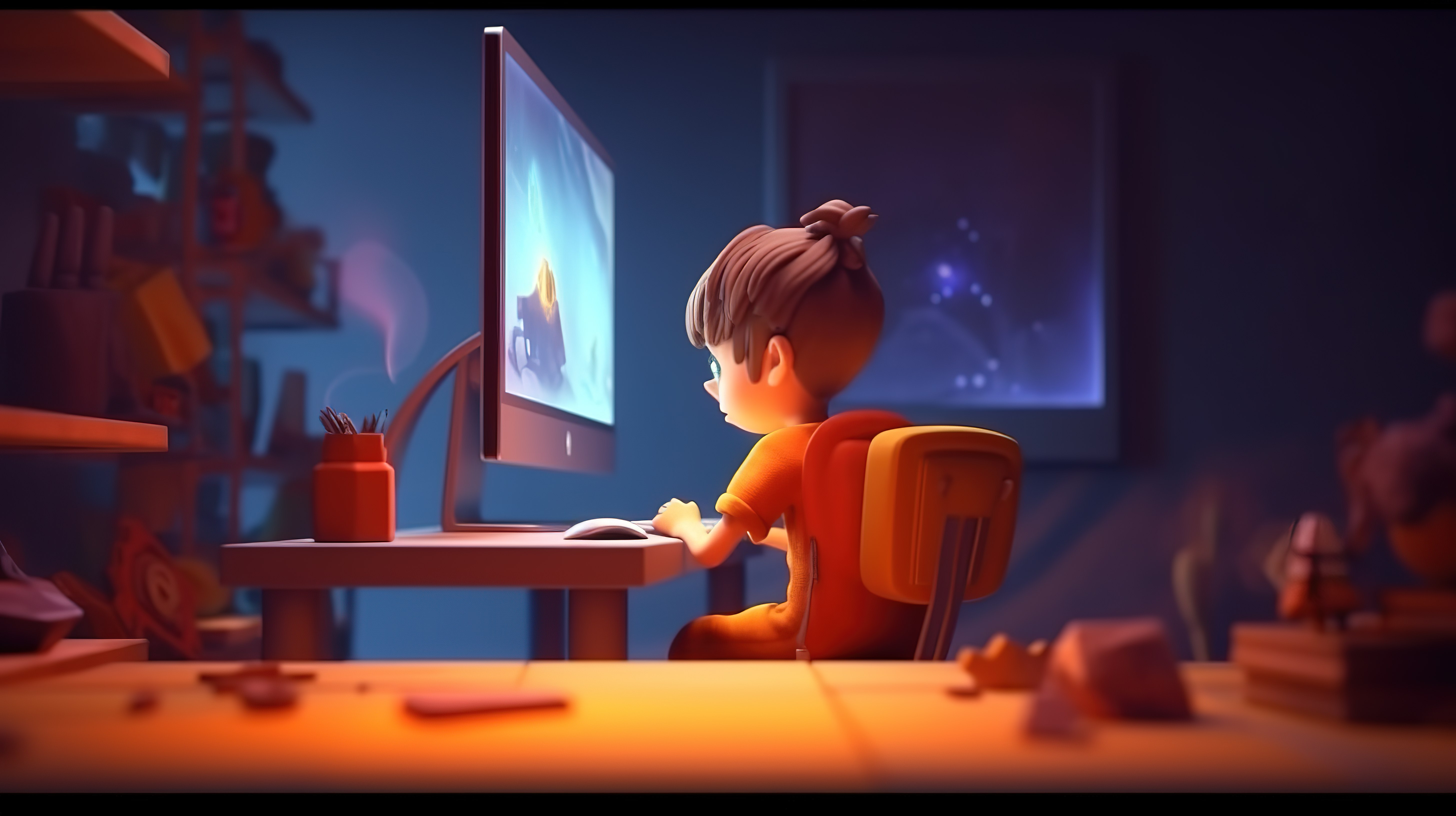 年轻玩家全神贯注于坐在电脑前的电子游戏，配有 3D 卡通插图和复制空间图片