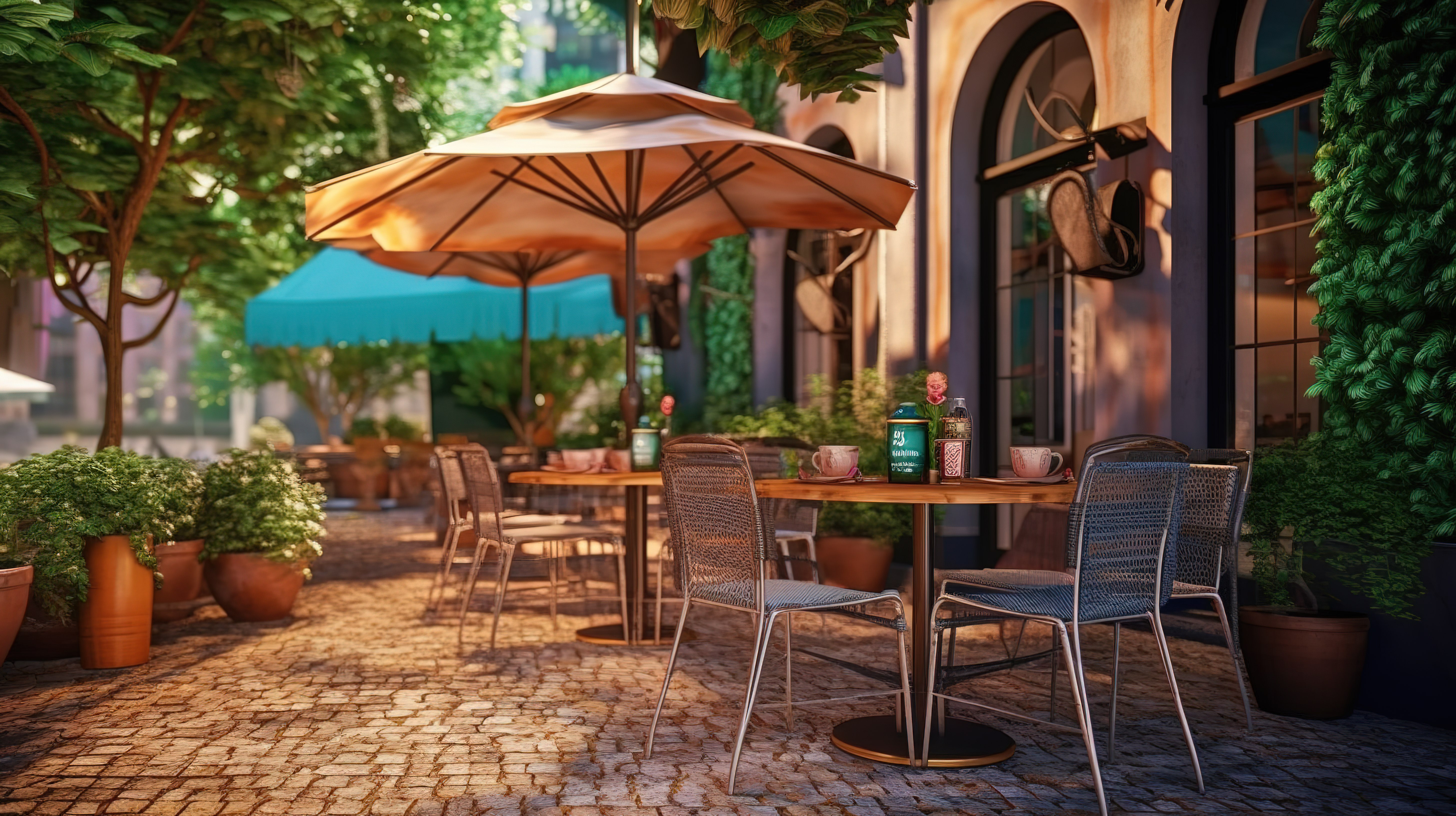 舒适的户外咖啡馆或餐厅的 3D 插图图片
