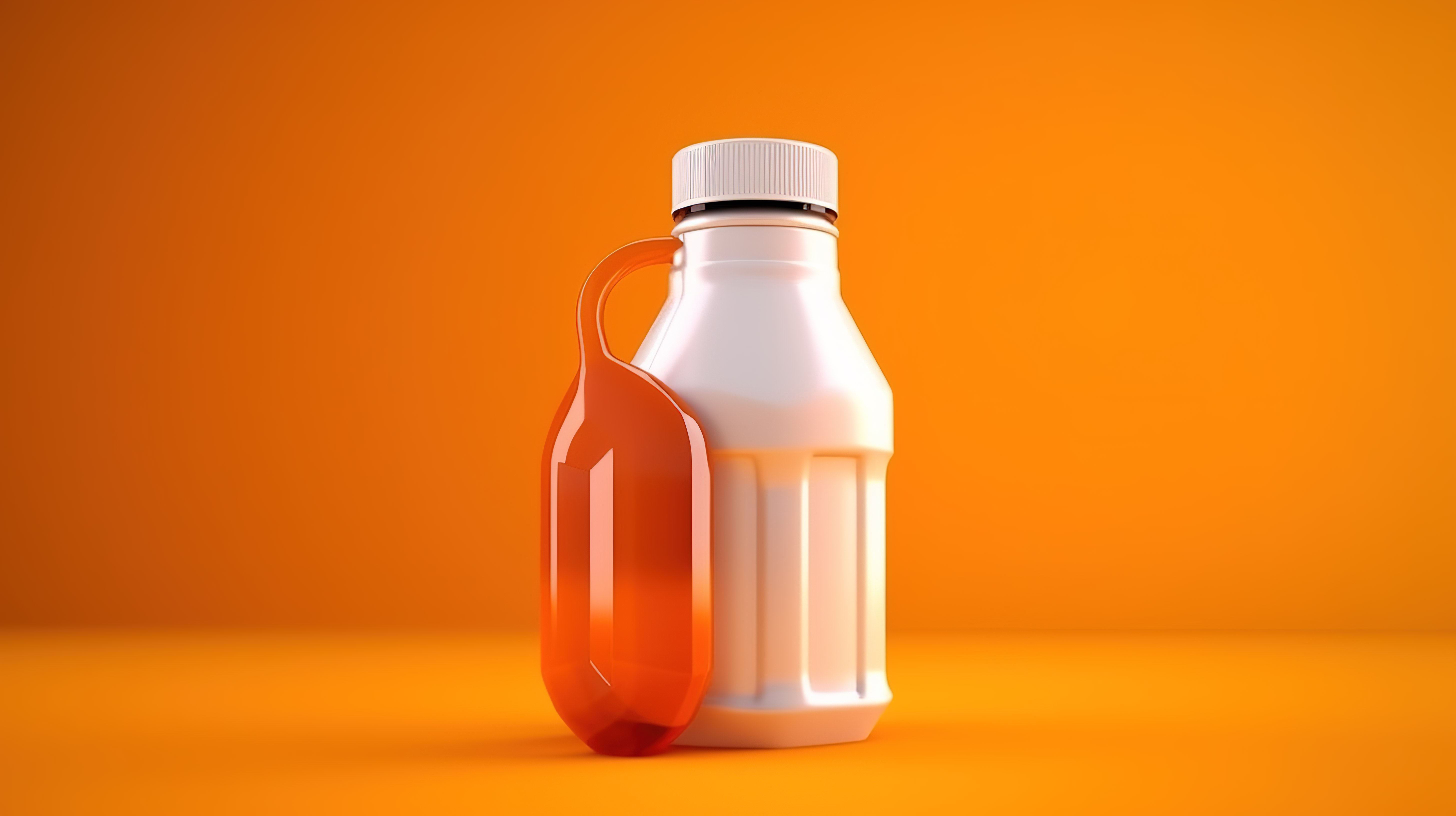 橙色背景上白色塑料糖浆瓶的 3D 渲染图片