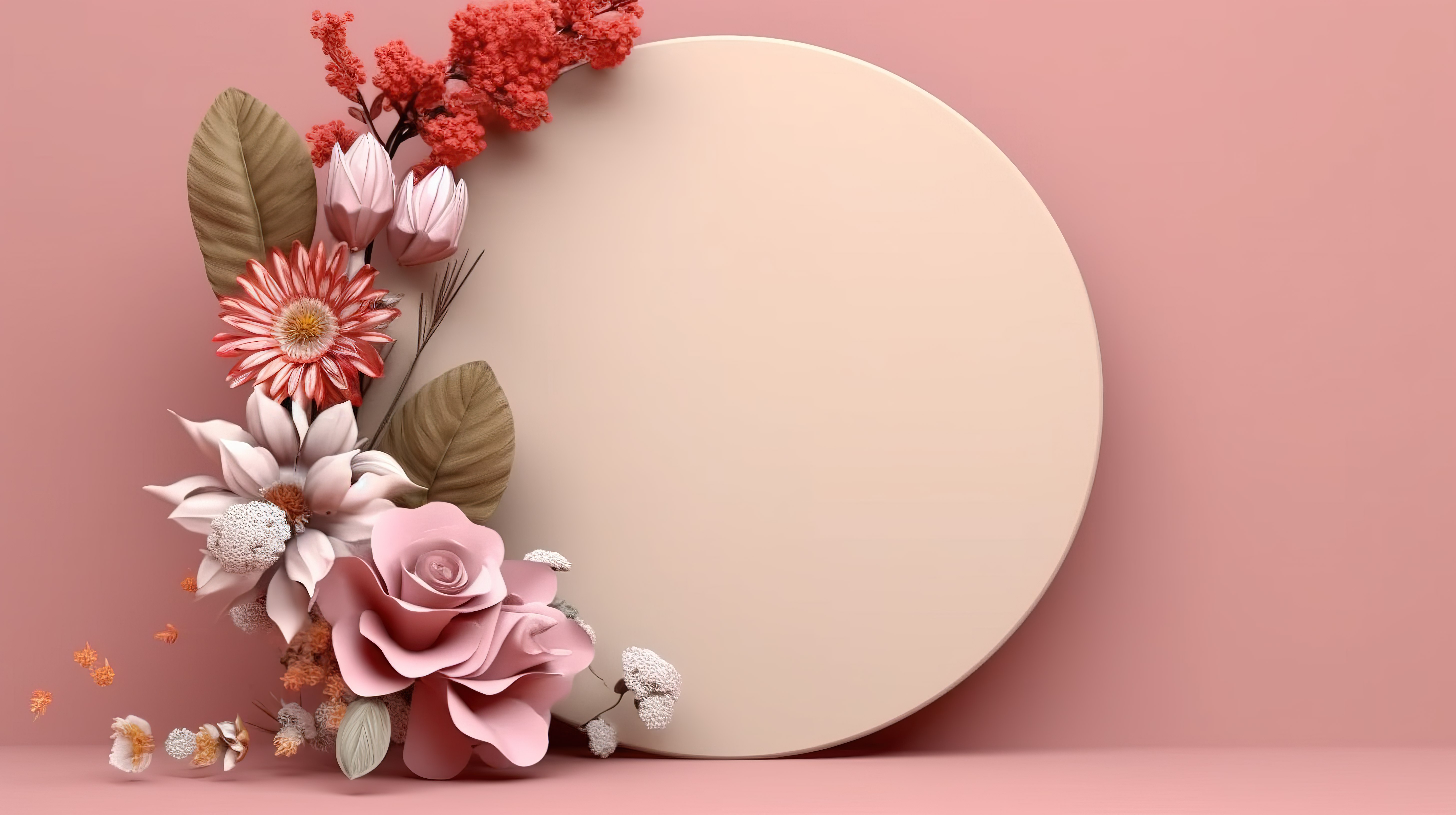 圆形花框的 3D 渲染，具有充满活力的植物和花卉，用于贺卡和邀请卡图片