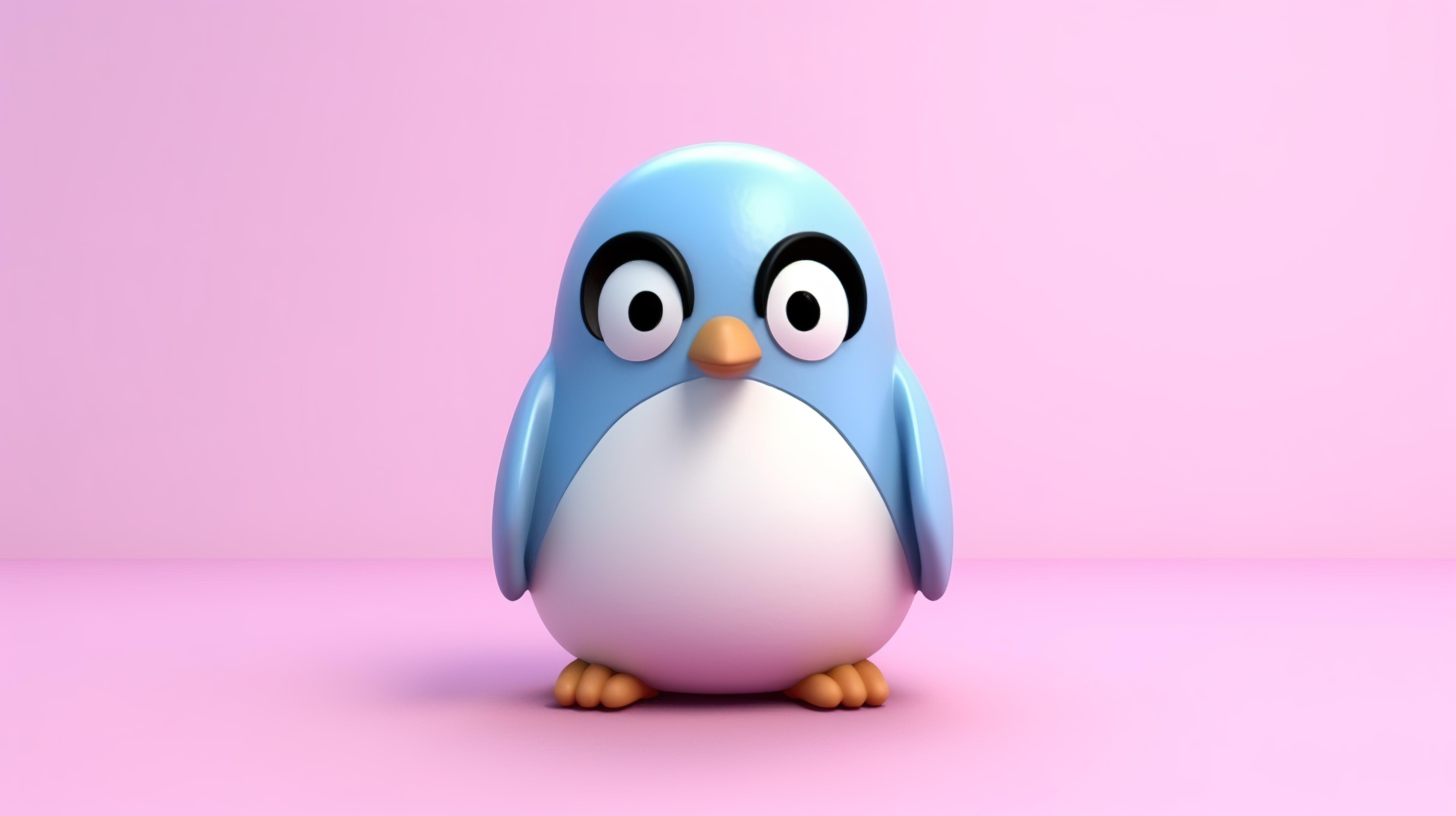 可爱的双色调橡皮泥或粘土企鹅玩具，蓝色和白色，放置在粉红色背景 3D 渲染上图片