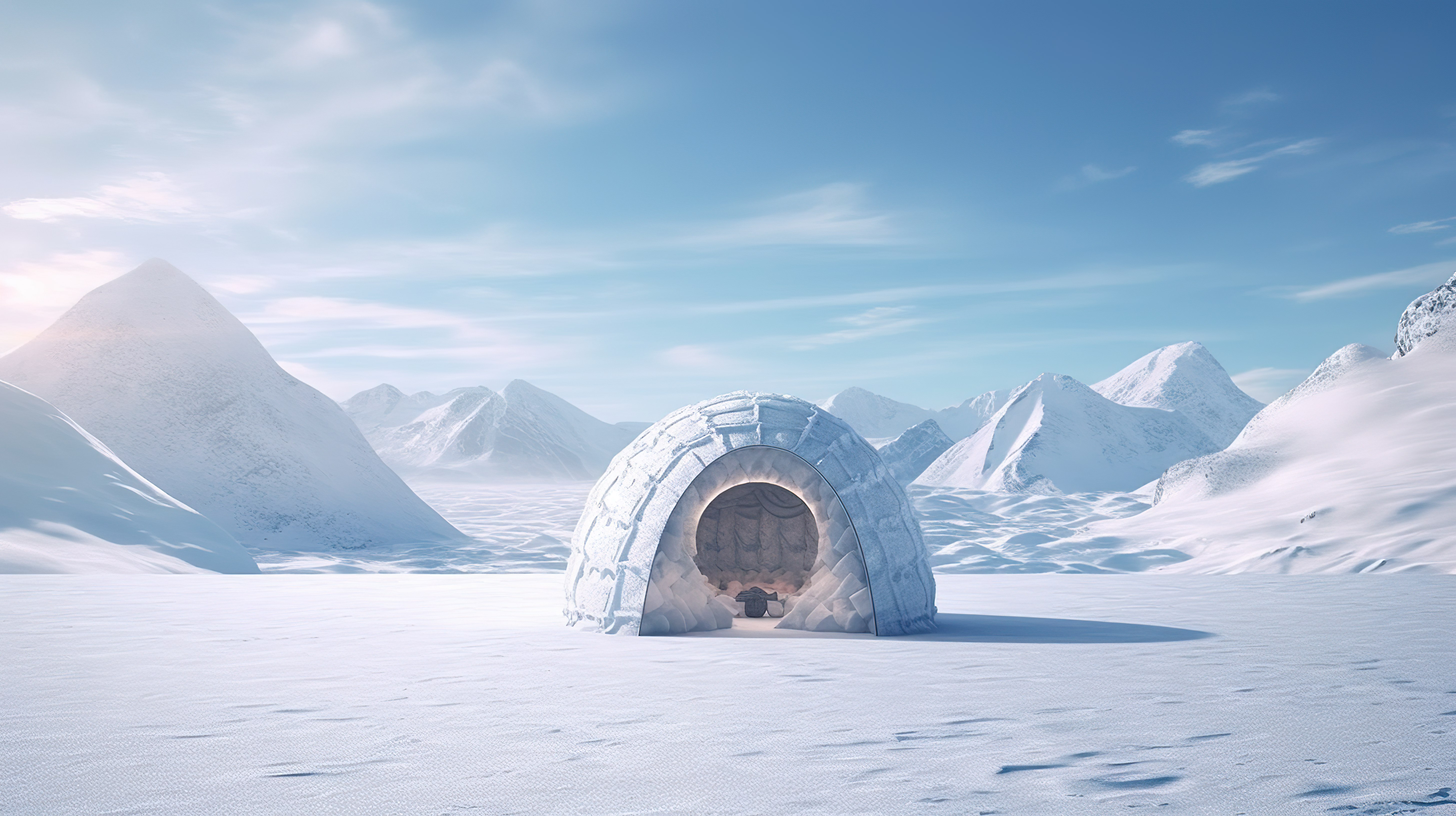 北极荒野 3D 渲染雪山和雪原中孤立的冰屋图片