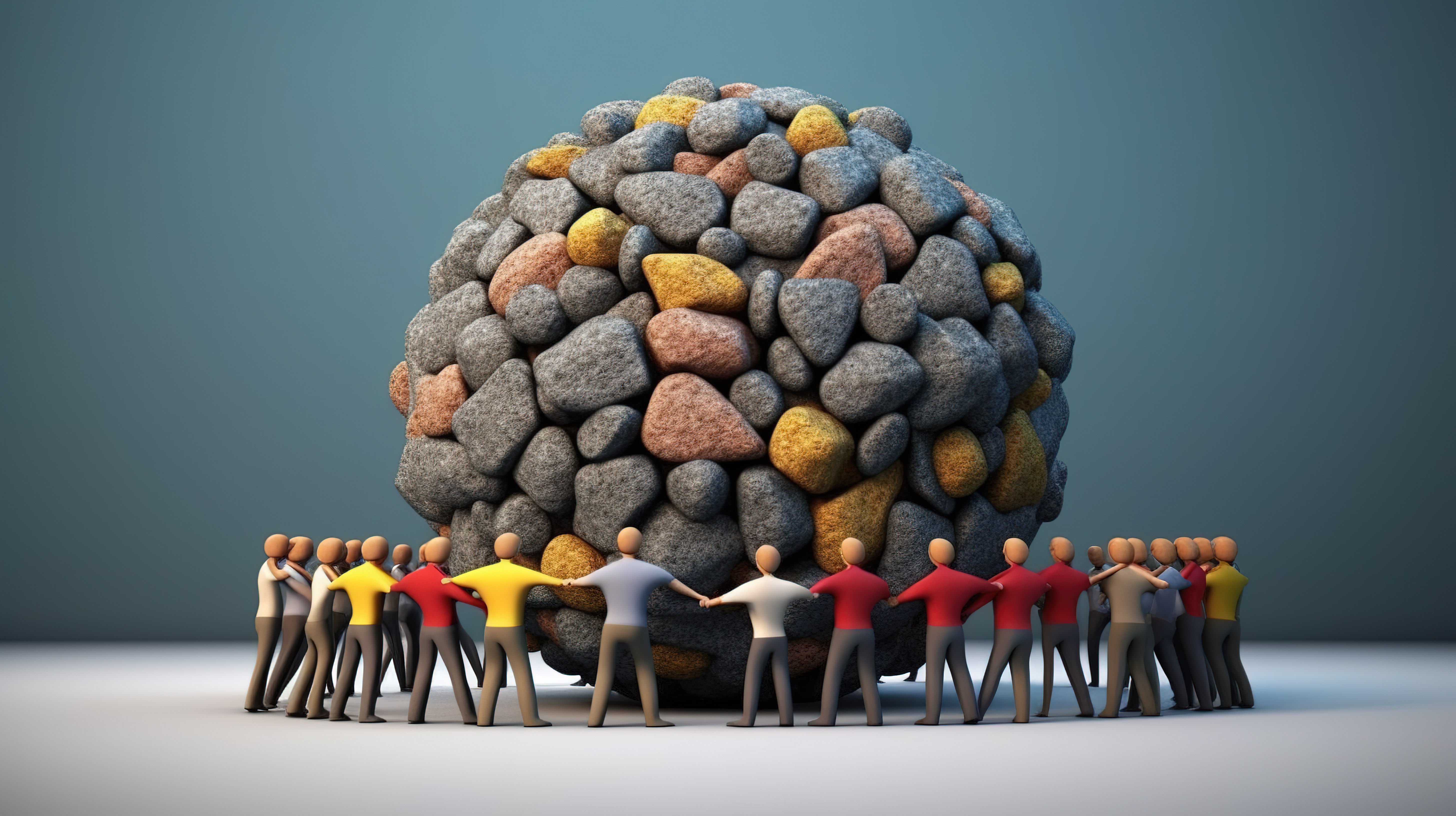 商业中的团结呈现了一群举起象征力量和组织的岩石的 3D 图像图片