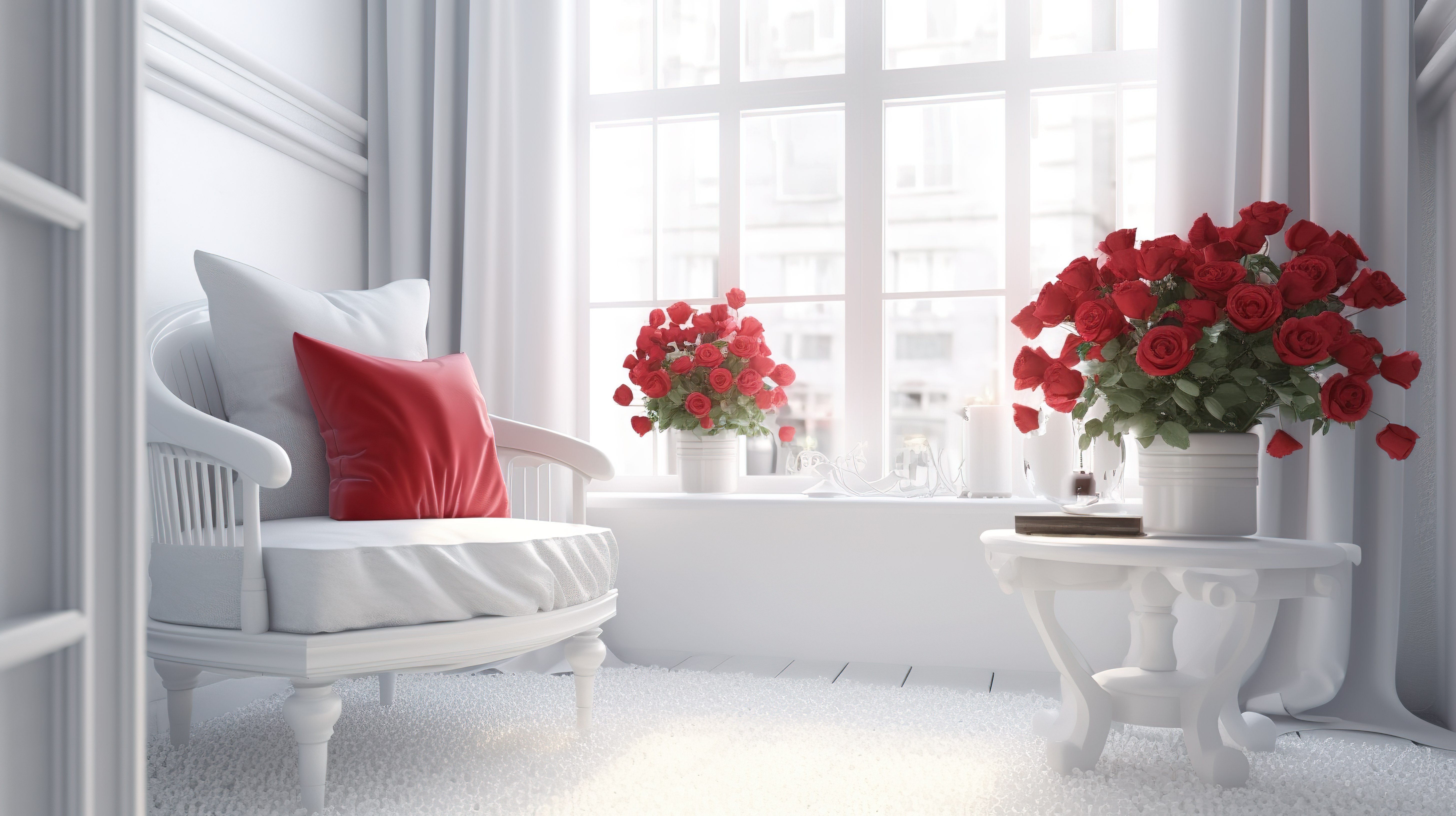 宁静的白色客厅，配有木椅窗户舒适的枕头桌子和花瓶中优雅的插花图片