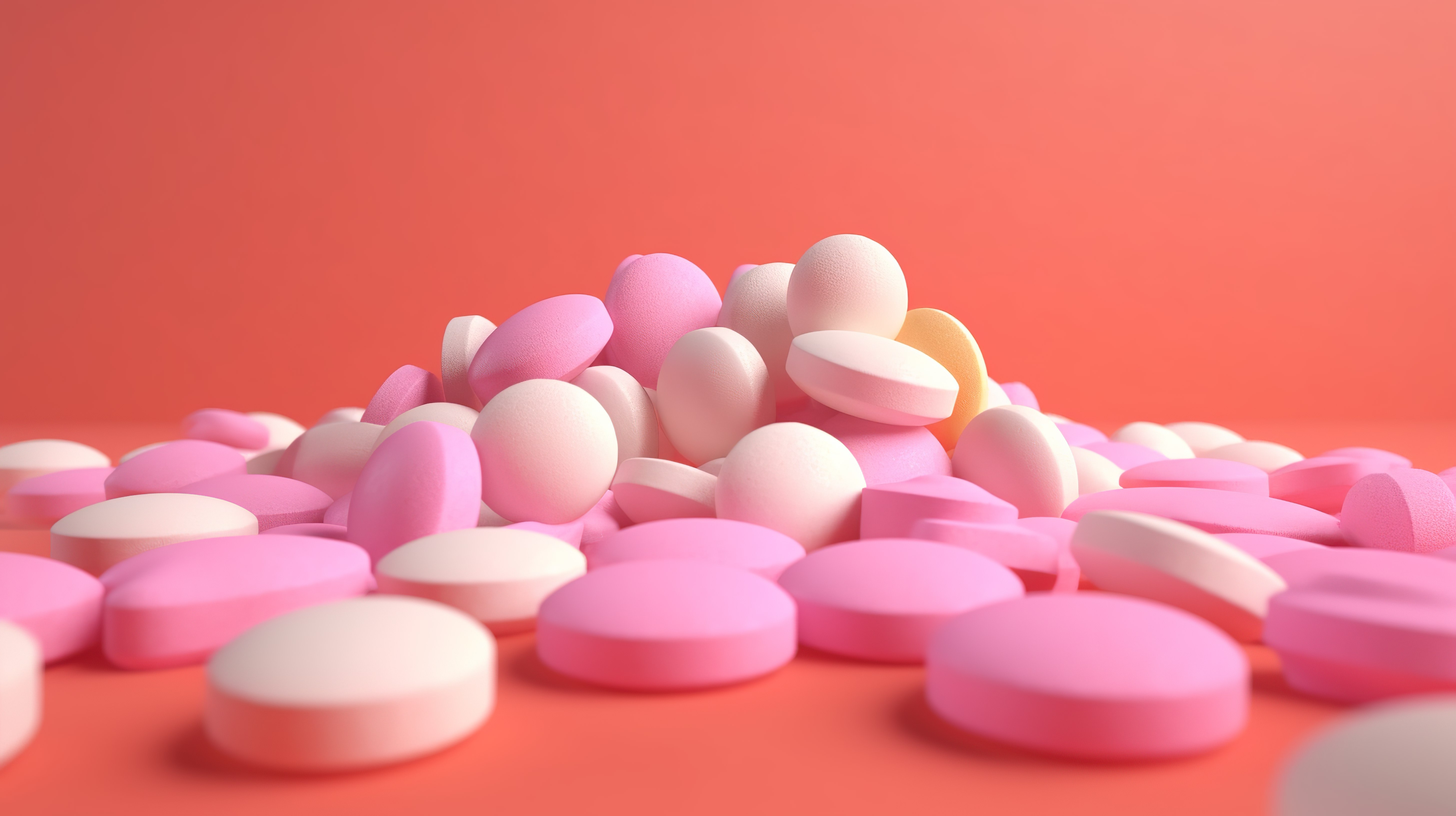 粉红色背景下的医疗保健必需品彩色胶囊和片剂选择性聚焦复制空间 3D 渲染图片