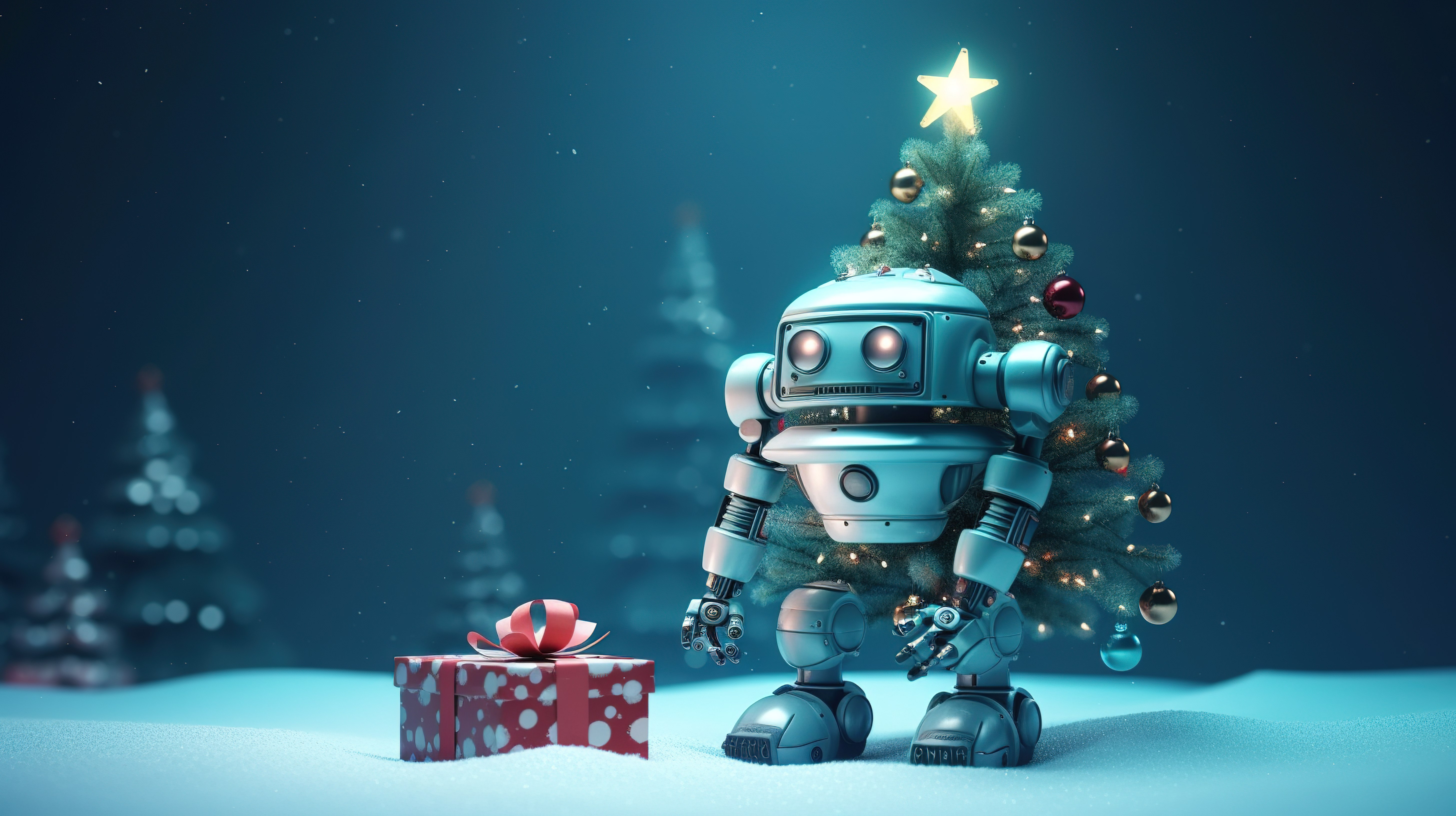 3D 渲染中的节日机器人圣诞树图片