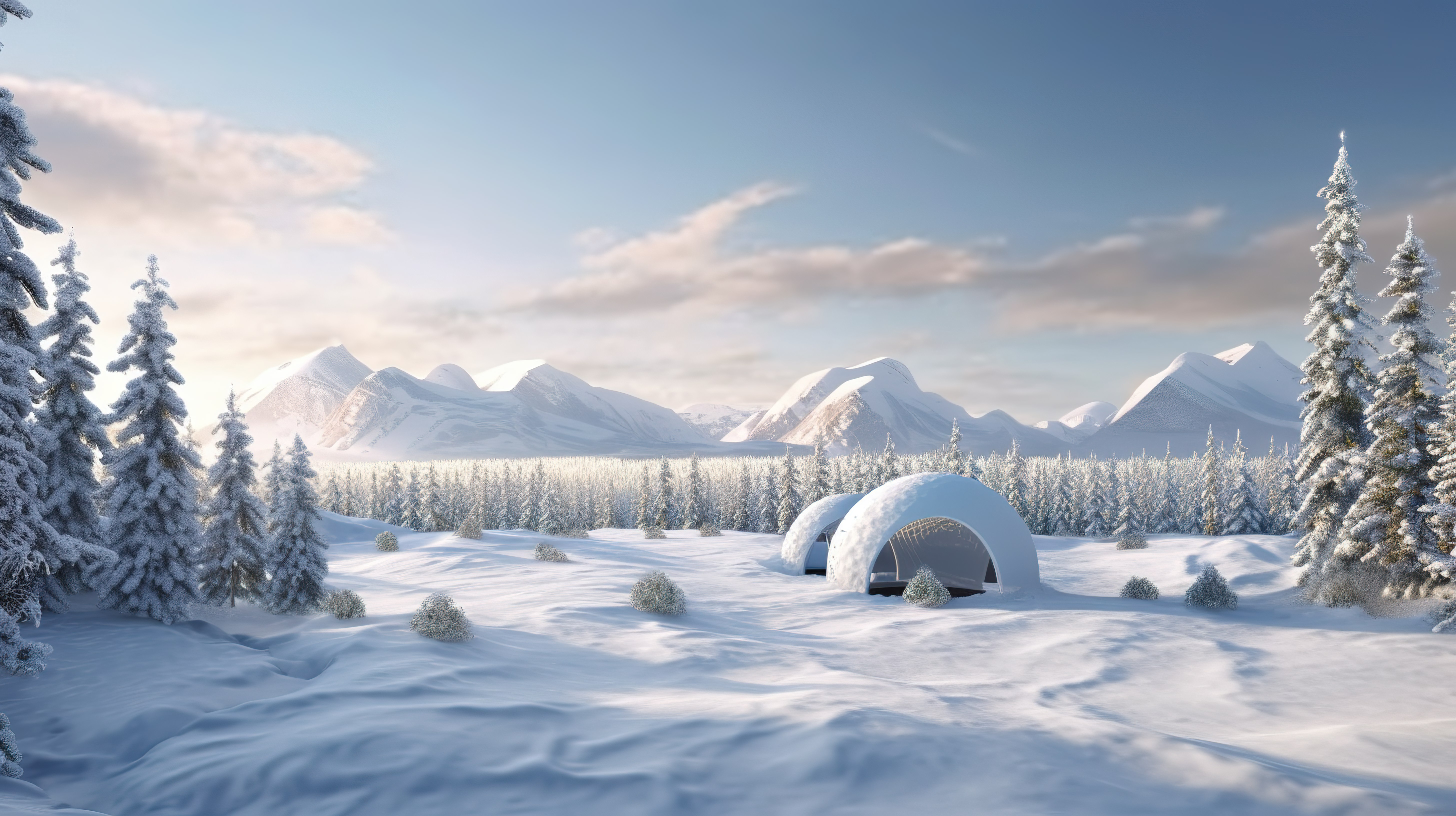山区背景下的北极景观积雪覆盖的松林和冰屋图片